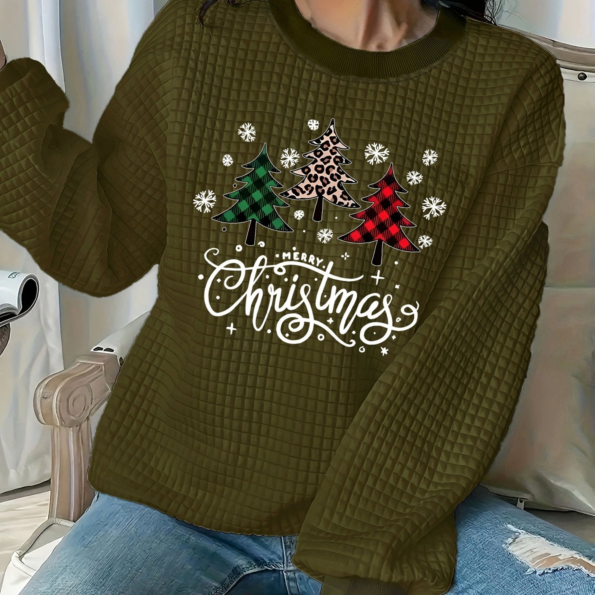 New Christmas Tree Printed Quilted Jacquard Round Neck Sweatshirt - veyora