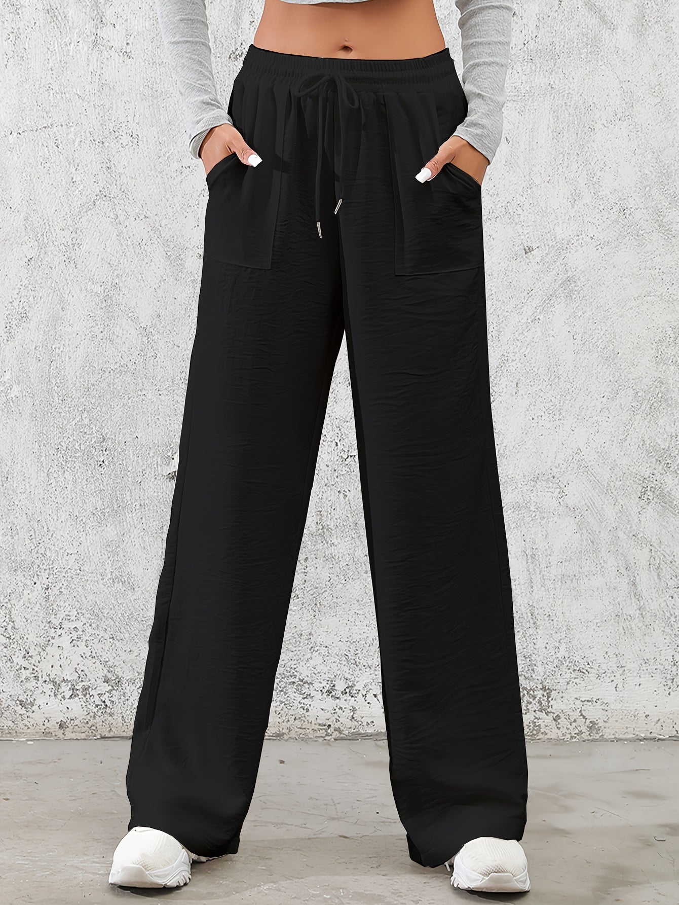 Drawstring Slant Pockets Wide Leg Pants, Casual Loose Pants For Spring & Summer, Women's Clothing - veyora