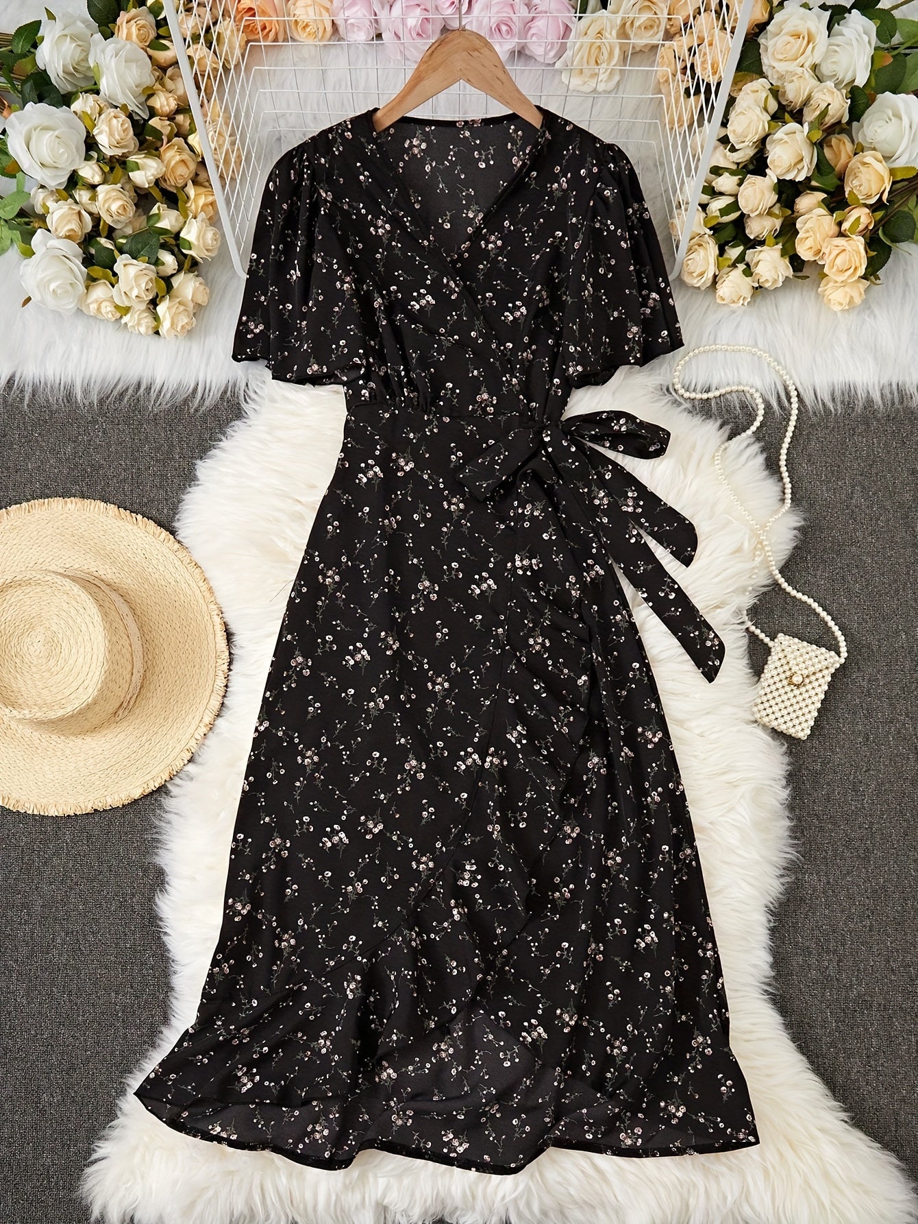 Elegant Short Sleeve Floral Print Surplice Neck Tie Waist Ruffle Hem Dress, Women's Clothing
