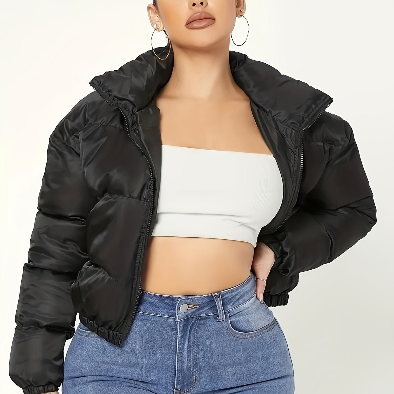 A Fitted Solid Color Zip - Up Jacket with Directional Design, Y2K Long - Sleeve Cropped Jacket for Women - veyora