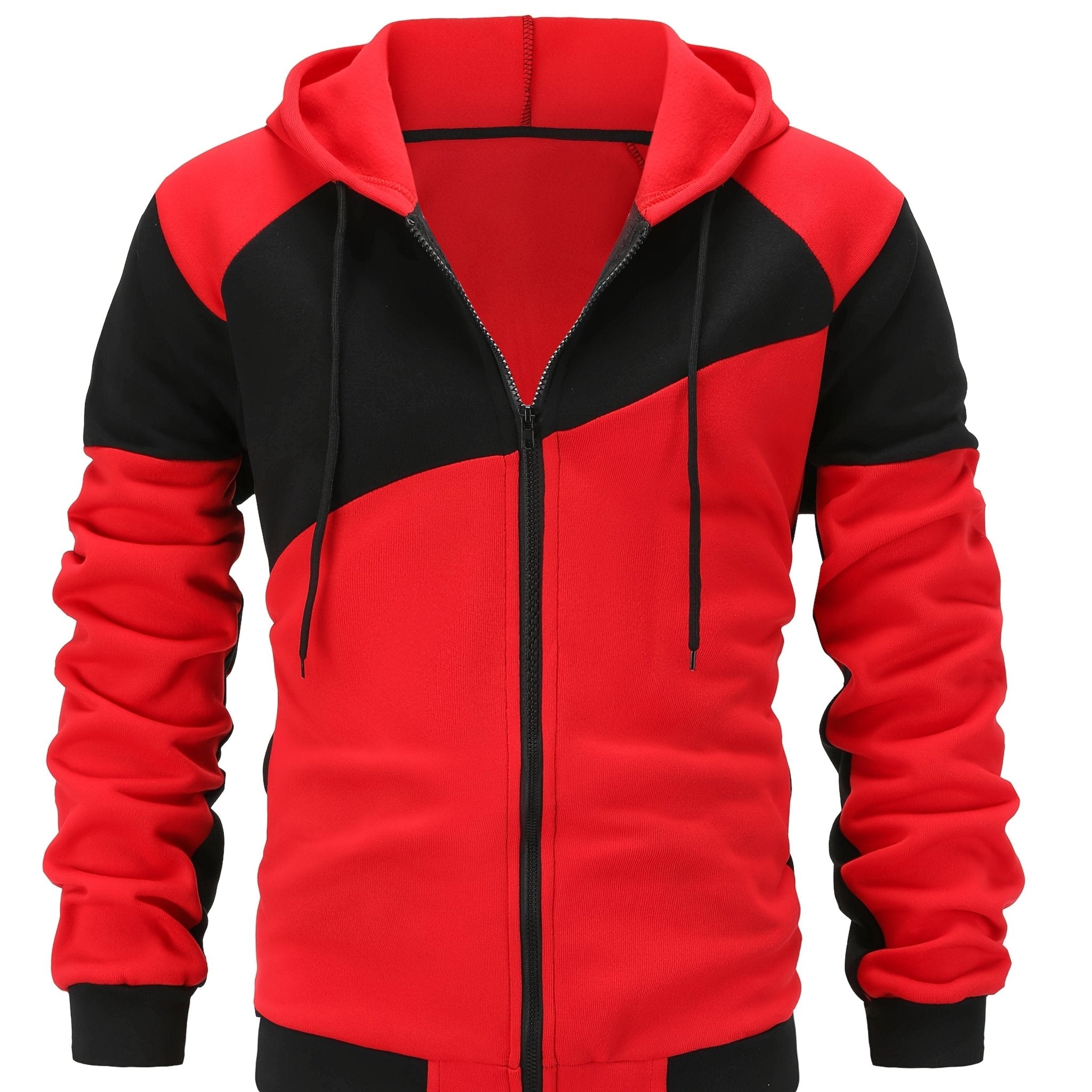 Double Layer Drawstring Hooded Jacket, Men's Casual Color Block Stand Collar Zip Up Jacket Coat For Fall Winter Outdoor Hiking Climbing Camping Cycling - veyora