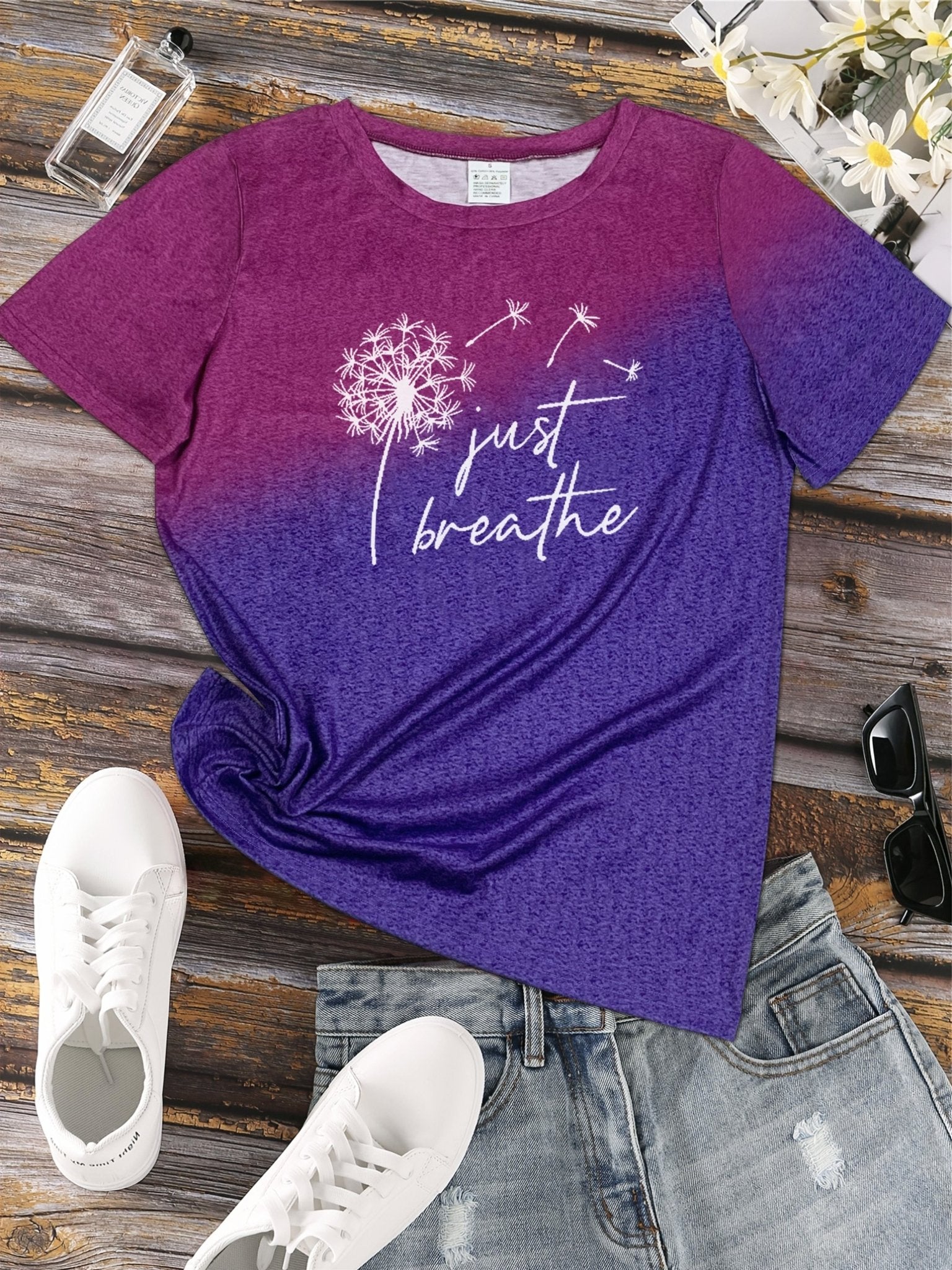 Just Breathe & Dandelion Print T-shirt, Casual Crew Neck Short Sleeve Top, Women's Clothing - veyora