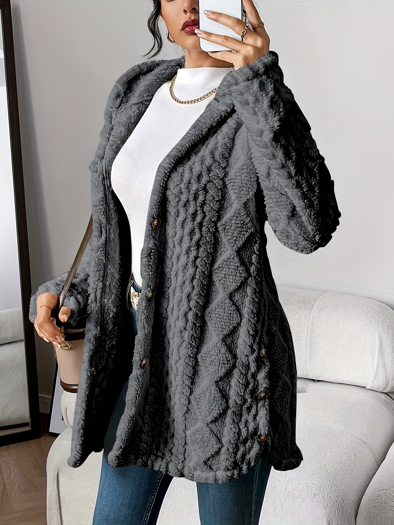 Elegant Beige Quilted Faux Fur Hooded Cardigan - Cozy Long Sleeve, Button Front Outerwear with Diamond Pattern, Perfect for Fall/Winter, Machine Washable