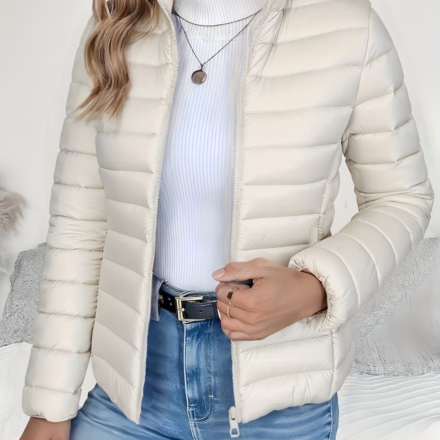 Women's Spring Slim - Fit Lightweight Warm Solid Color Jacket - Elegant Fashion Versatile Beautiful Coat - Stand Collar Zipper Long Sleeve - Casual Padded Polyester Short Coat - Winter Clothing - veyora