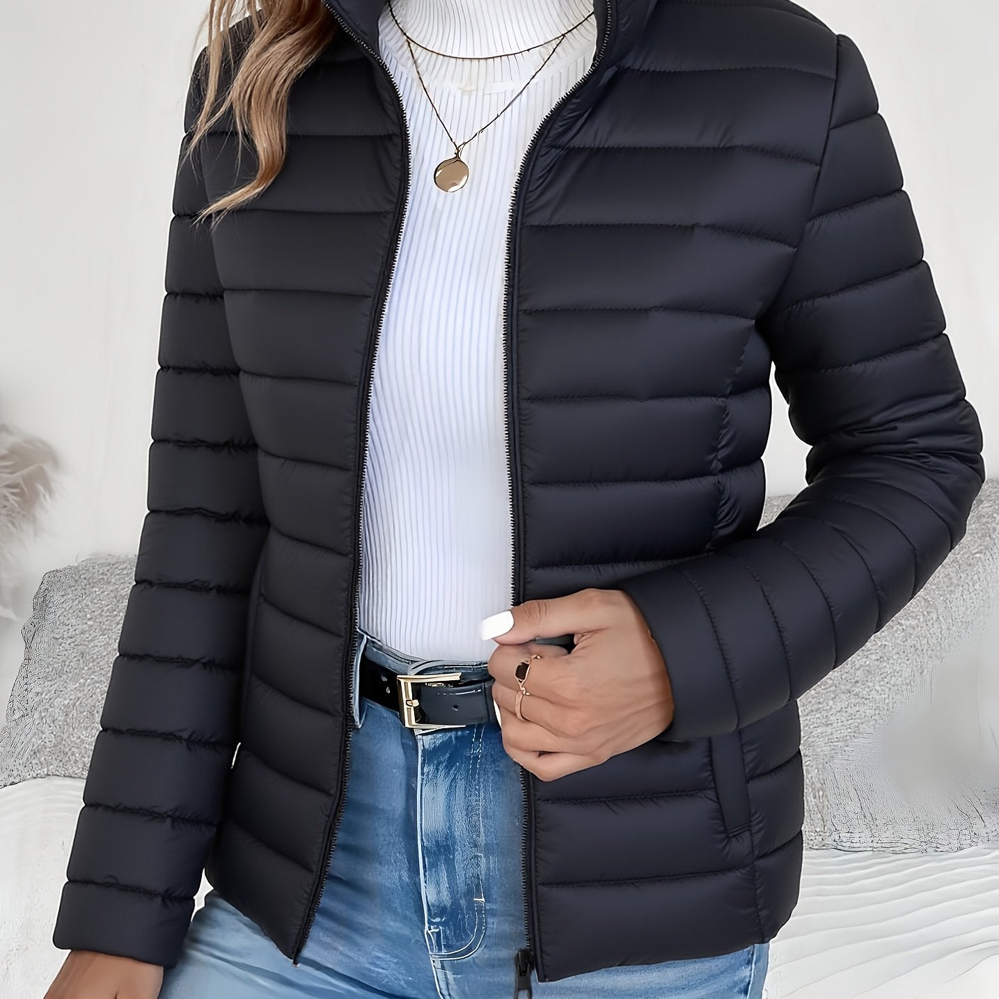 Women's Spring Slim - Fit Lightweight Warm Solid Color Jacket - Elegant Fashion Versatile Beautiful Coat - Stand Collar Zipper Long Sleeve - Casual Padded Polyester Short Coat - Winter Clothing - veyora