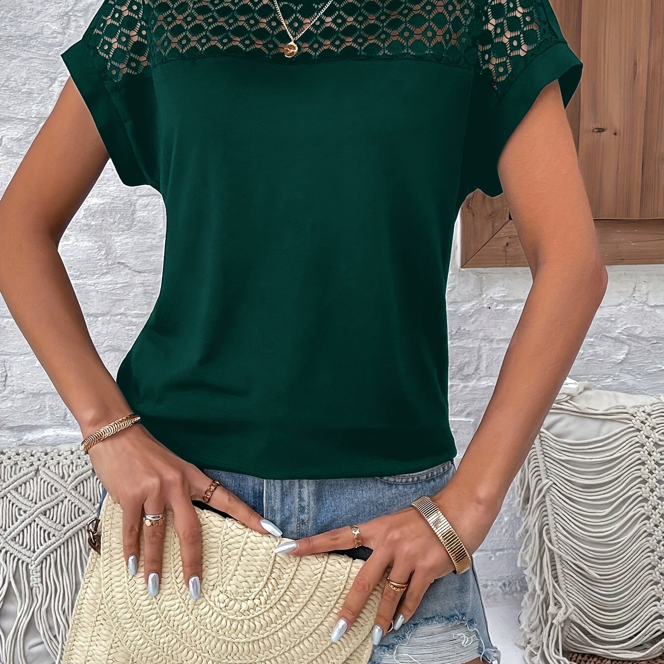 Vacation - style Lace Off - shoulder Batwing Short - sleeve T-shirt - veyora