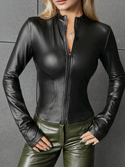 Casual Solid Fitted Zip Up Long Sleeve PU Leather Jacket for Ladies, Women's Clothing - veyora