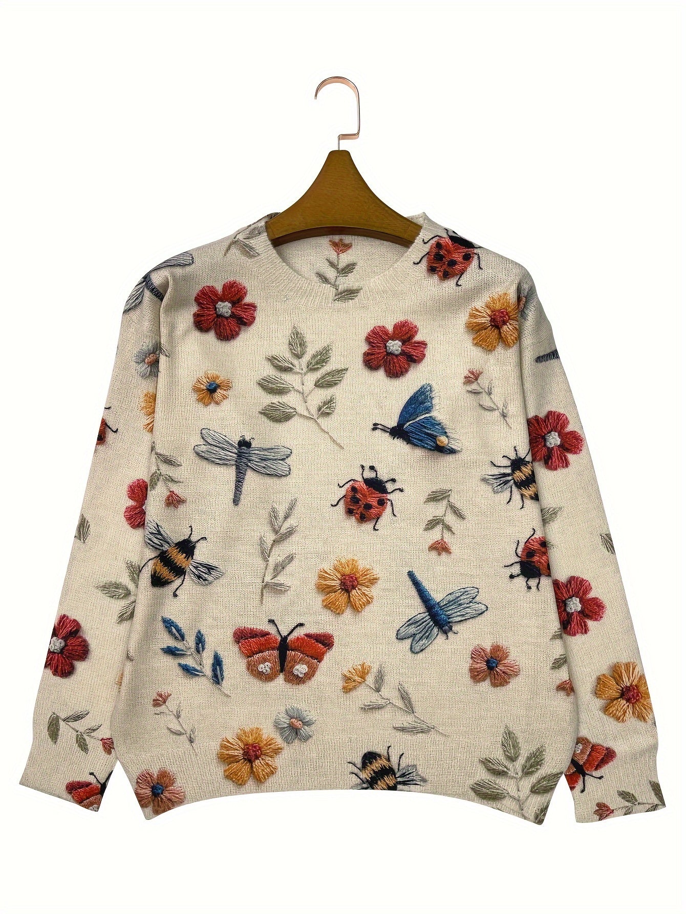 Stylish Lightweight Women's Sweater - Round Neck, Long Sleeves, 3D Insect Print Design - Casual