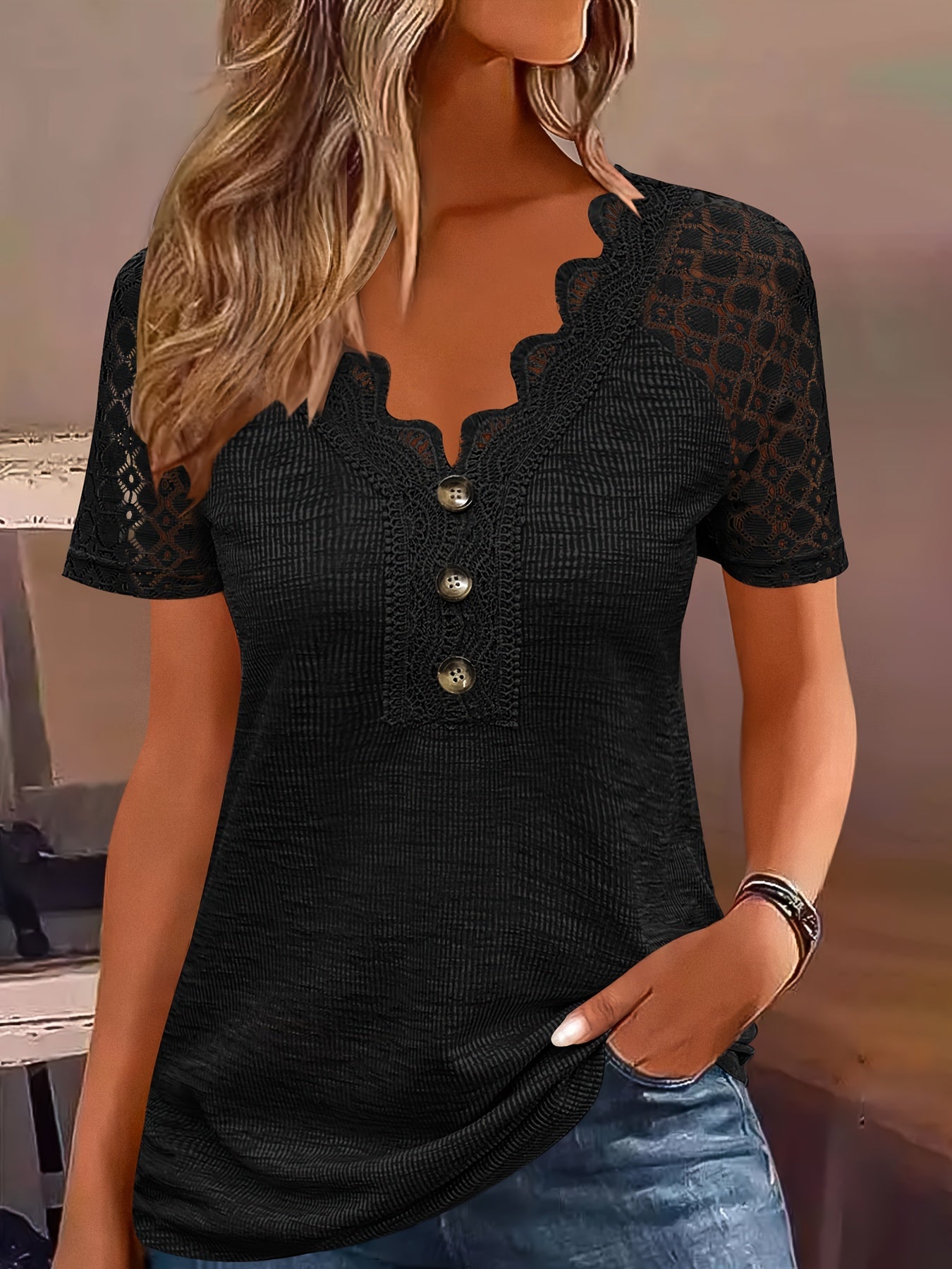 Directional Development of a Women'S V - Neck Button Lace Collar Top, Featuring Casual Lace Patchwork And Raglan Sleeves - veyora