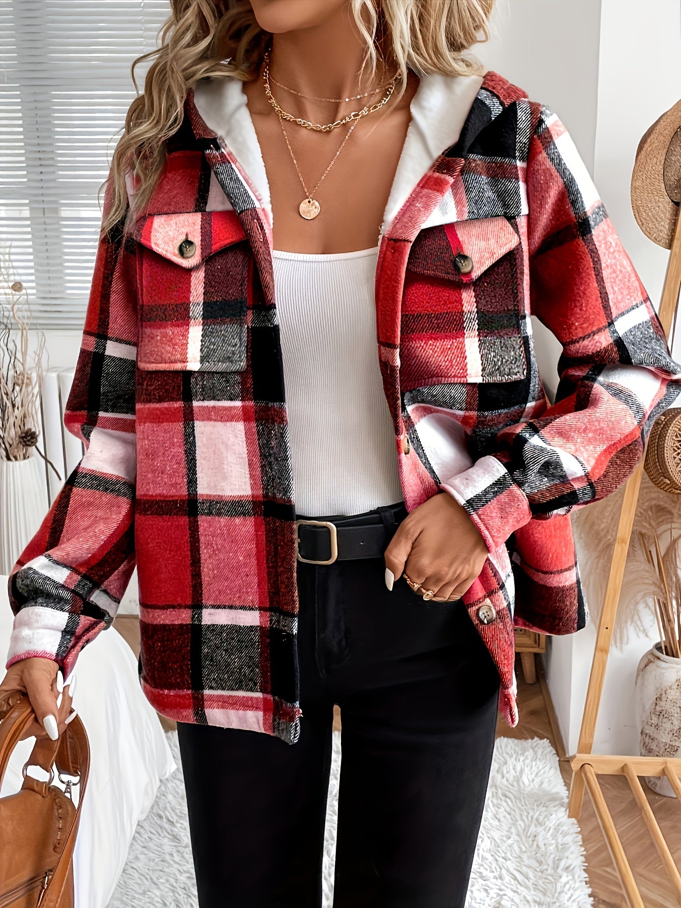 100% Polyester Women's Casual Plaid Hooded Jacket with Fleece Lining and Button Detail for All-Season Warmth