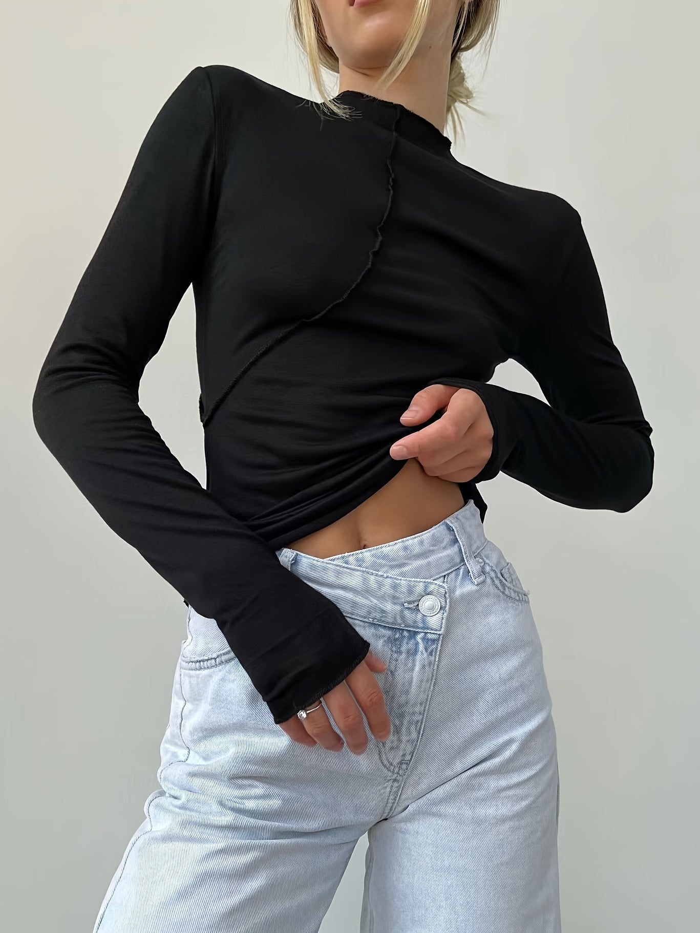 Y2K Spring And Summer Women'S Clothing, Designed with a Unique Split Line, Long - Sleeve, Half - High Collar Base Layer Top for Women - veyora