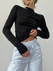 Y2K Spring And Summer Women'S Clothing, Designed with a Unique Split Line, Long - Sleeve, Half - High Collar Base Layer Top for Women - veyora