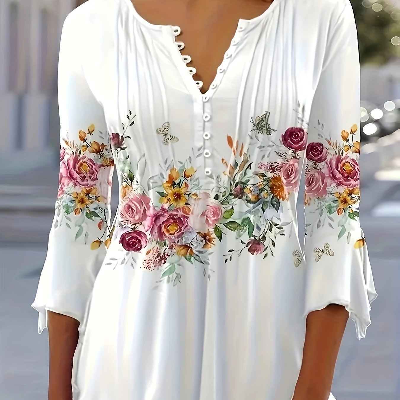 Floral Print Notched Neck Blouse, Casual Button Front Blouse For Spring & Summer, Women's Clothing - veyora