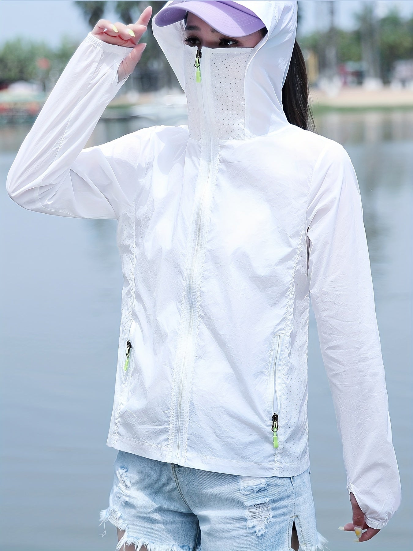 [UV Protection|Breathable] UV Protection | Women's Summer 2024 Hooded Jacket | Breathable Nylon, Long Sleeve, Zip-Up Sun Shirt with Thumb Holes for Secure Fit, Ideal for Casual Outings