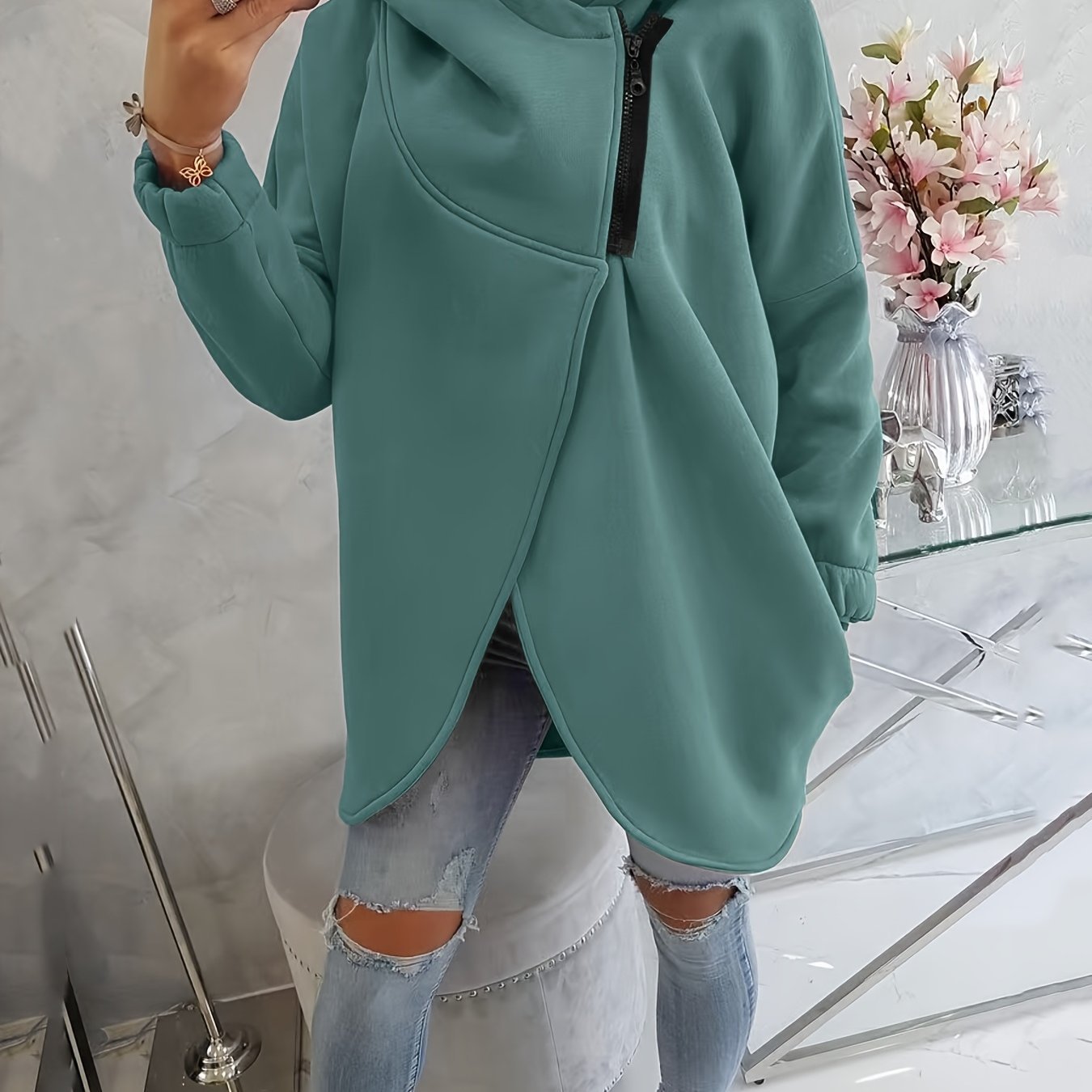 Women'S Hooded Jacket - Long Sleeve Coat with Front Zipper Closure, Lightweight Outerwear for Everyday & Formal Outfits - Spring/Fall Transitional Layering Piece, Spring Fall Clothing, Casual Style, Durable Fabric, Office Wear - veyora
