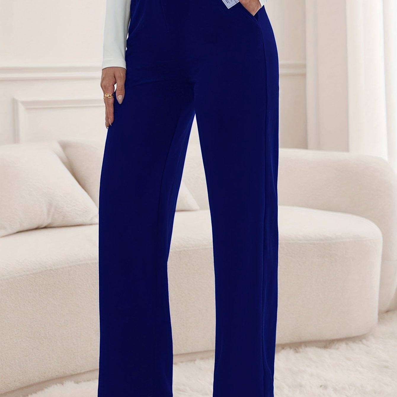 High - Waisted Casual Letter Patch Pocket Straight - Leg Pants - veyora