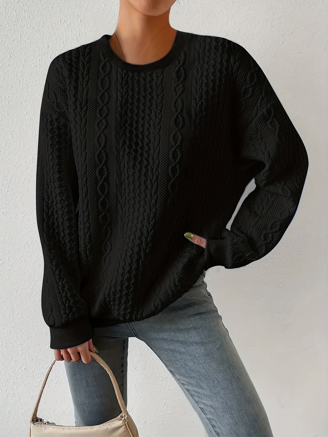 Women's Casual Textured Round Neck Pullover Sweatshirt - Loose Fit Raglan Sleeves, Medium Stretch, Machine Washable, All - Season Comfort, Cute Sweatshirts - veyora