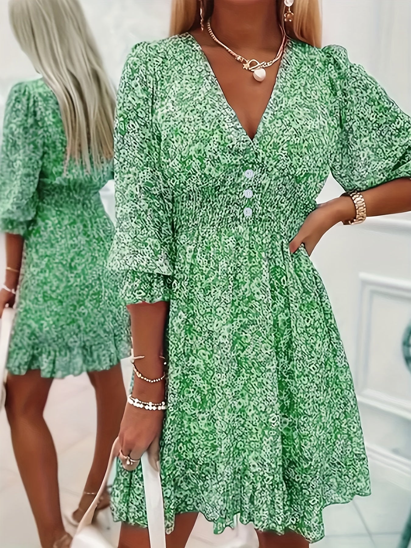 Polyester and Spandex V-Neck Floral Print Short Sleeve Bubble Sleeve A-Line Dress, with Button Details, for Adult, Summer Vacation