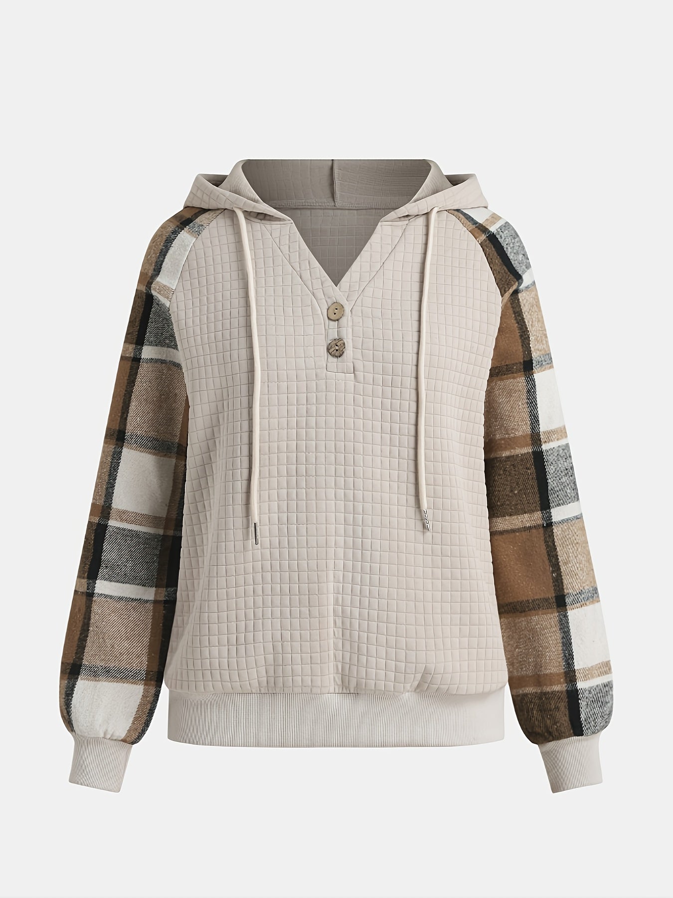 Women's Elegant Plaid Patchwork Hooded V - Neck Pullover Sweatshirt - Soft Textured Long Sleeve Fall Winter Warmth, Machine Washable Regular Fit Casual Chic Top, Cute Sweatshirts, Durable Casualwear - veyora