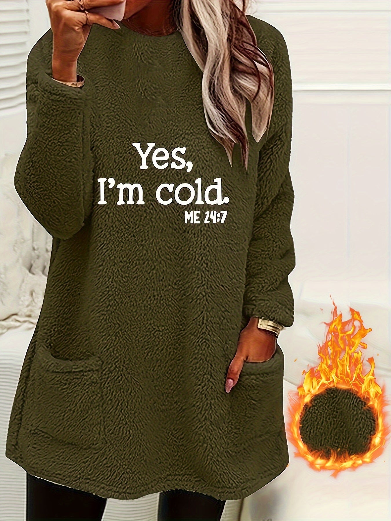 Women's Casual "Yes I'm Cold" Letter Print Dual-Sided Fleece Pullover Sweatshirt - Cozy Round Neck Long Sleeve with Pockets, Machine Washable Winter Warmth for Fall & Winter, Cold Weather Clothing | Casual Pullover | Comfortable Wear, Ladies Sweaters