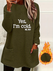 Women's Casual "Yes I'm Cold" Letter Print Dual-Sided Fleece Pullover Sweatshirt - Cozy Round Neck Long Sleeve with Pockets, Machine Washable Winter Warmth for Fall & Winter, Cold Weather Clothing | Casual Pullover | Comfortable Wear, Ladies Sweaters