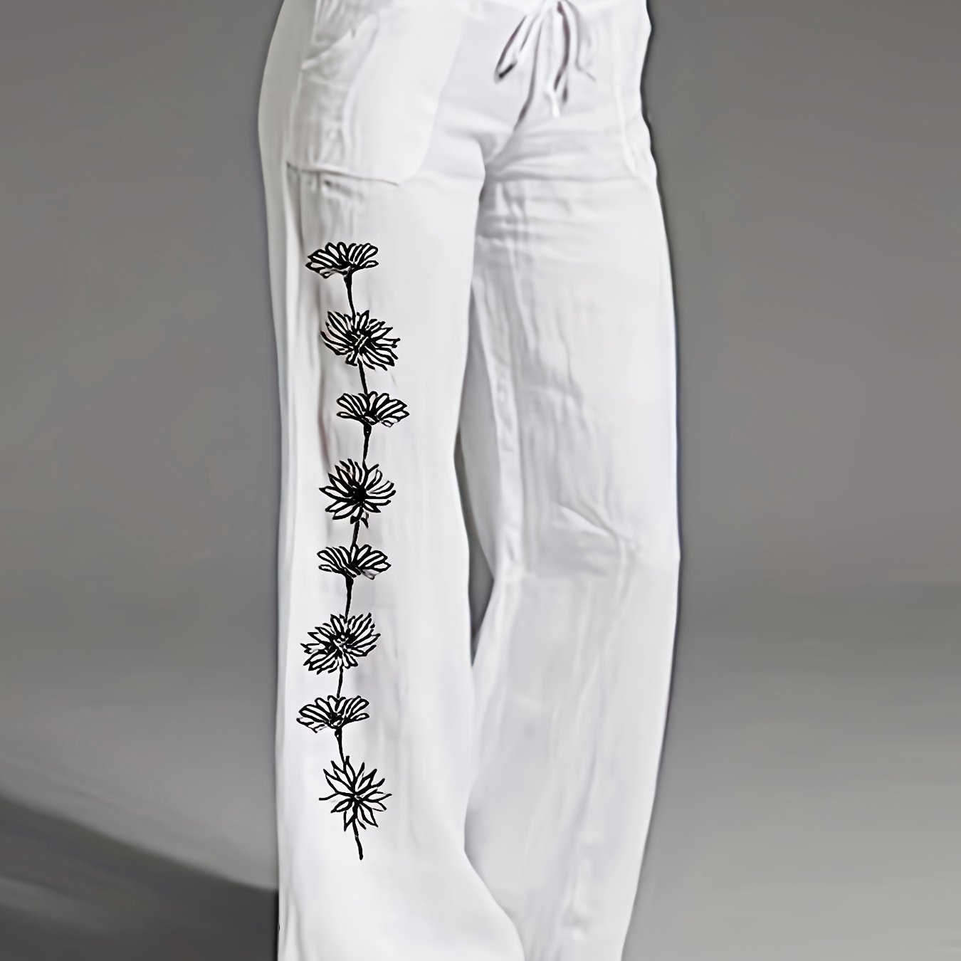 White Watercolor Rose Print Wide - Leg Casual Pants for Women, Spring/Summer Lightweight Loose - Fit Trousers, Versatile Commuter and Vacation Pants - veyora