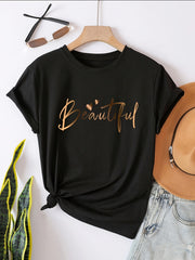 Casual Short - Sleeve T-Shirt for Women with a Heart - Shaped Letter Design, Featuring a Easy Round Neck And a Loose Fit Suitable for Spring And Summer - veyora