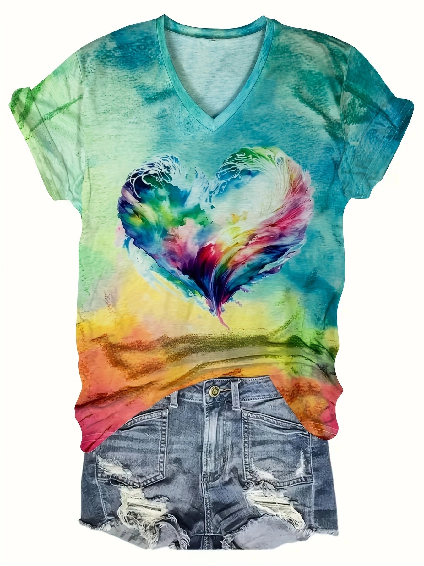 Women's Casual Short Sleeve V - Neck T-Shirt - Vibrant Heart Print Summer Top, Breathable Machine - Washable Tee with Colorful Gradient Design for Casual Attire, Ladies T Shirts, Soft Fabric Shirt - veyora