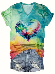 Women's Casual Short Sleeve V - Neck T-Shirt - Vibrant Heart Print Summer Top, Breathable Machine - Washable Tee with Colorful Gradient Design for Casual Attire, Ladies T Shirts, Soft Fabric Shirt - veyora