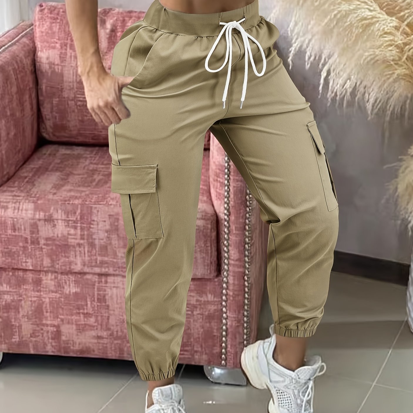 Women'S Casual Cargo Pants with Drawstring Waist, Beige, Multiple Pockets, Frayed Hem, White Sneakers, All - Season Comfort Fit, Casual Wear Pants | Frayed Hem Pants | Functional Pockets - veyora