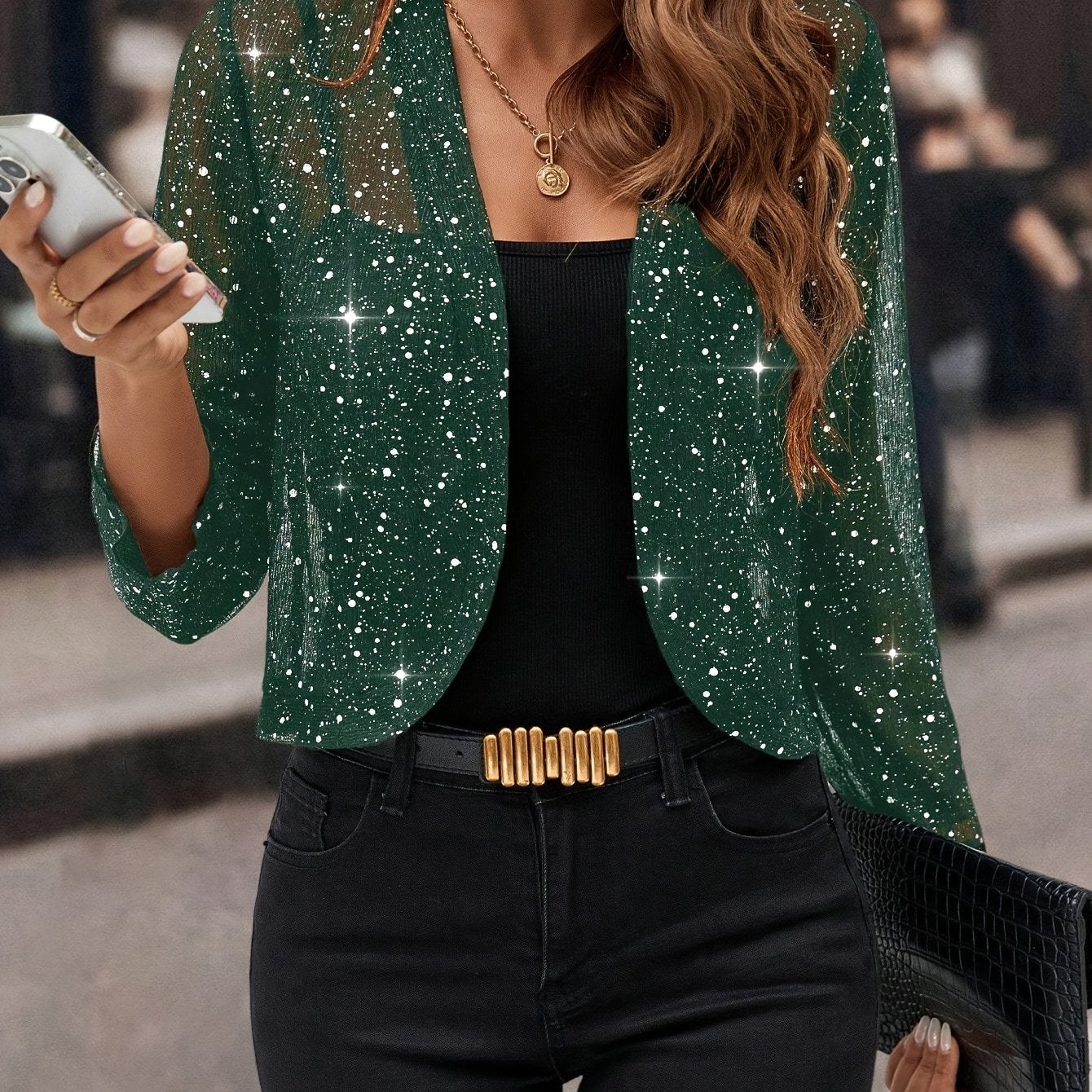 Women's Glitter Sequin Cardigan Jacket, Golden Foil Pleated Fabric 3/4 Sleeve Cropped Cardigan Jacket, Business Casual for Women - veyora