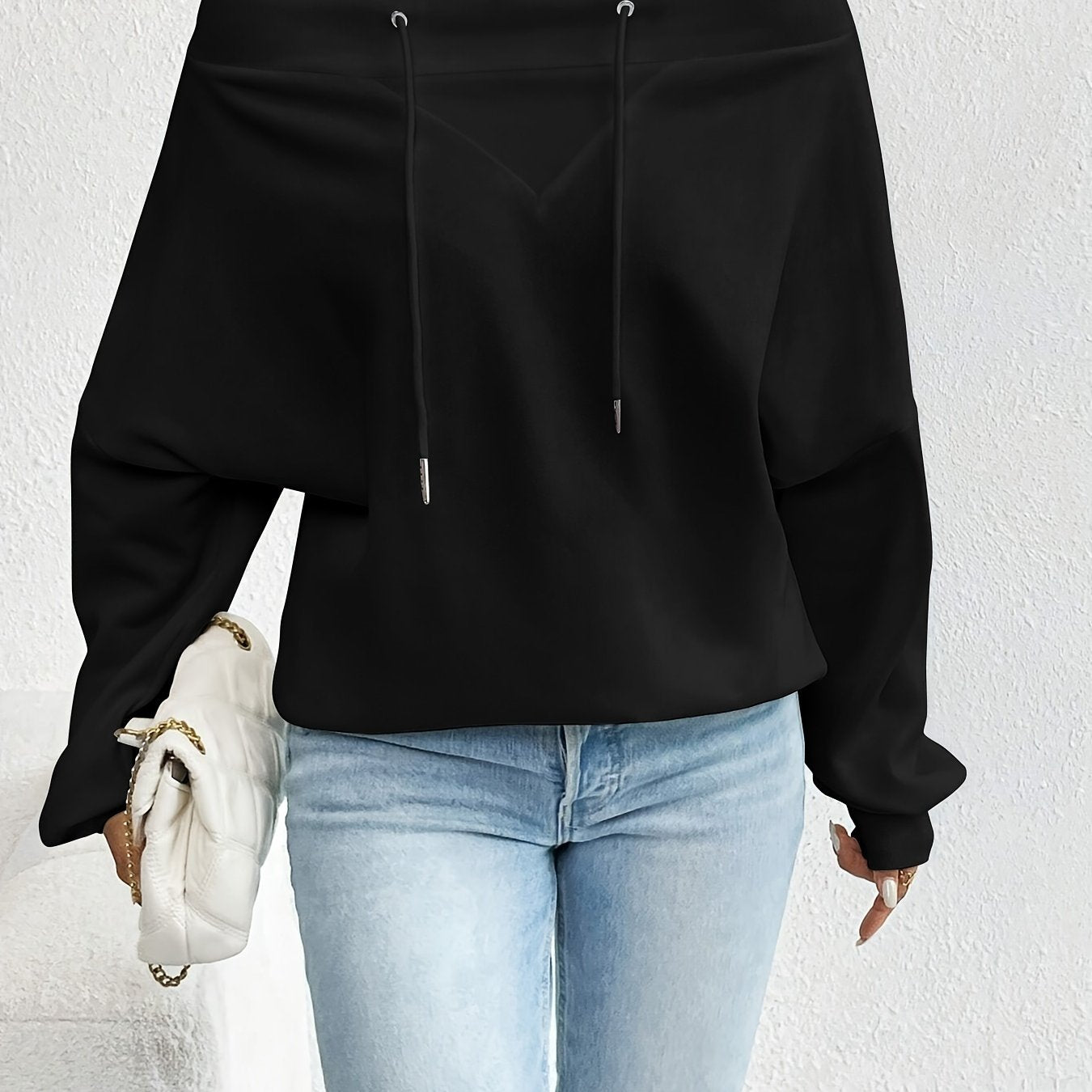 Directional Autumn And Winter New Women'S Loose Casual Commuting Off - Shoulder One - Shoulder Top with Drawstring - veyora