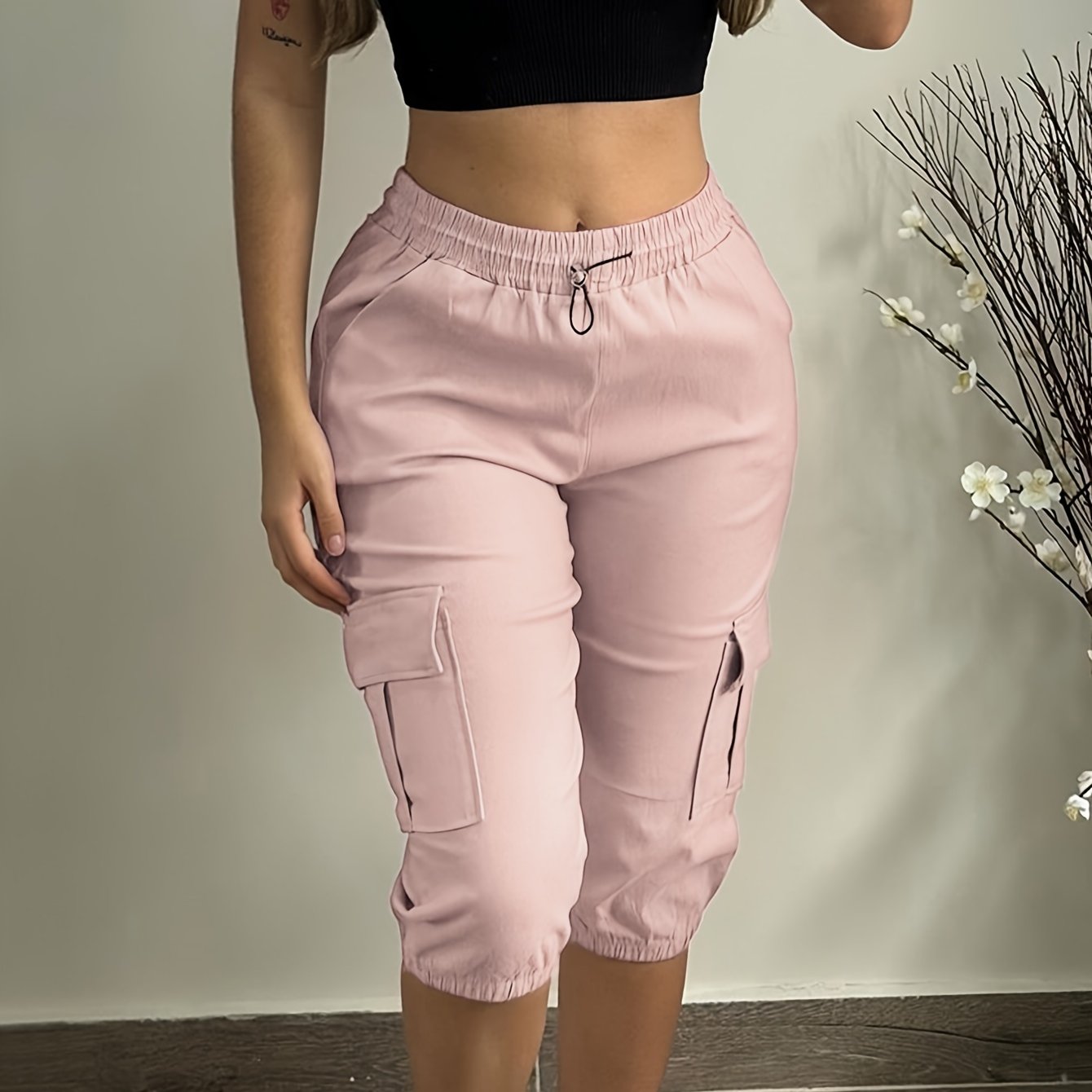 Women'S Elastic Waist Casual Pants with Multiple Pockets, Cropped Solid Color Sweatpants, Cycling Pants, And Cargo Pants - veyora
