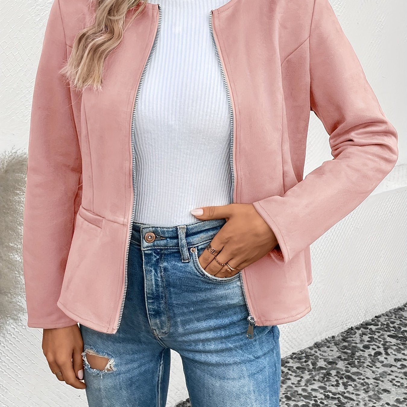 Ladies Fashion Round Neck Slim Top Long Sleeve Access Control Zipper Cardigan Cropped Jacket - veyora