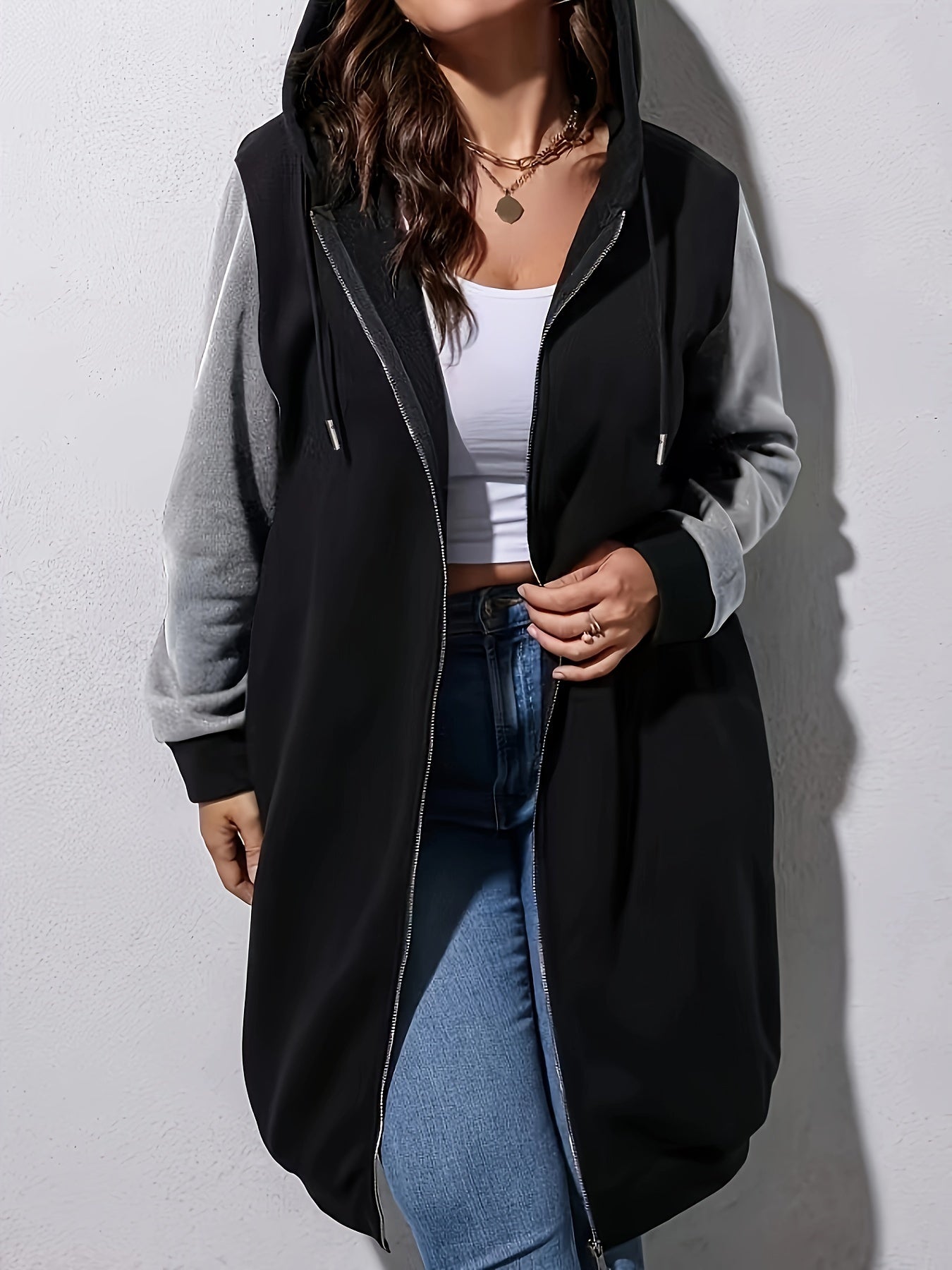 Long Casual Hoodie - Style Coat with Contrasting Colors for Women - veyora