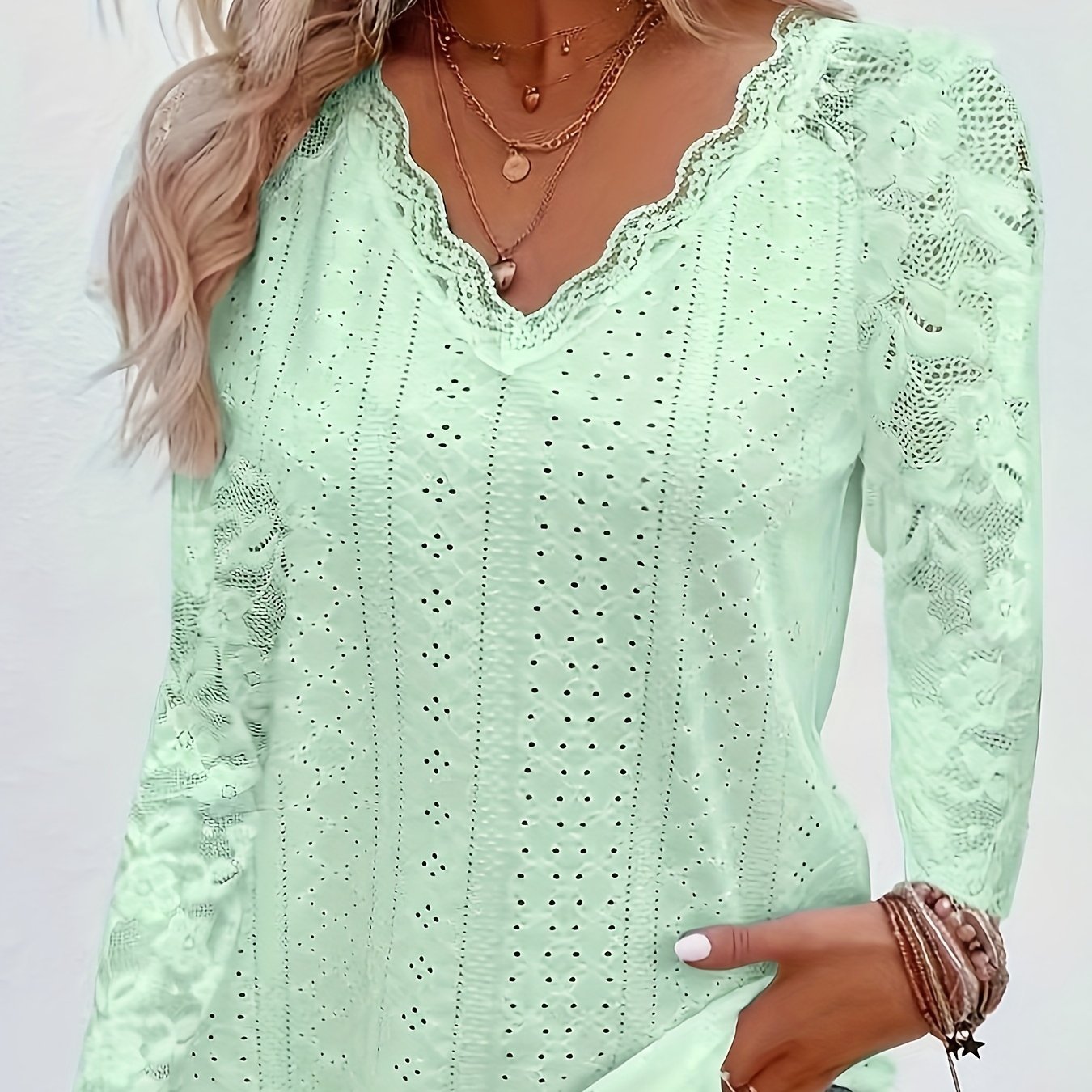 Contrast Lace V - neck Eyelet T-Shirt, Elegant Long Sleeve T-Shirt For Spring & Fall, Women's Clothing - veyora