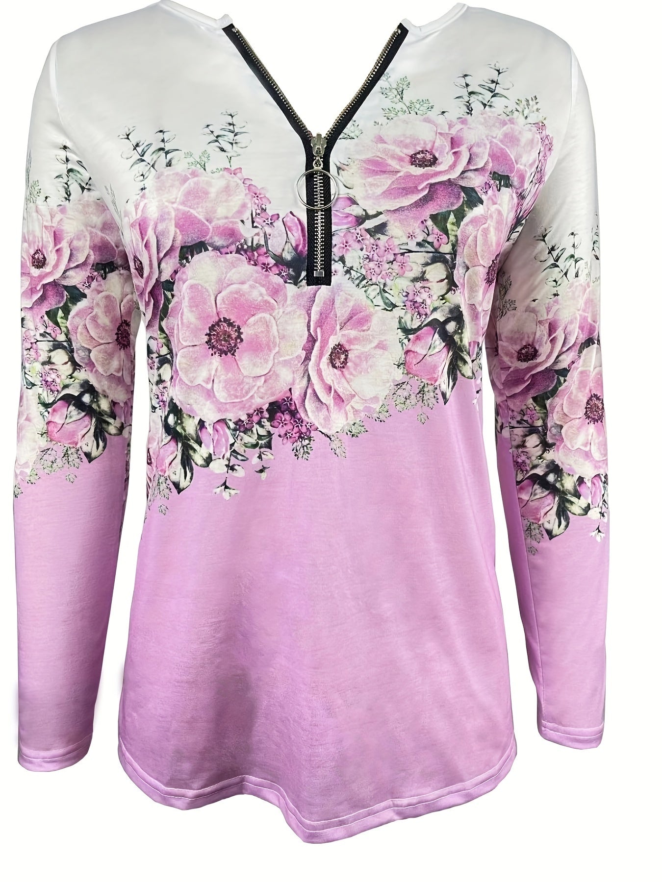 Floral Print V - neck T-Shirt, Casual Zipper Front Color Block Long Sleeve T-Shirt, Women's Clothing - veyora