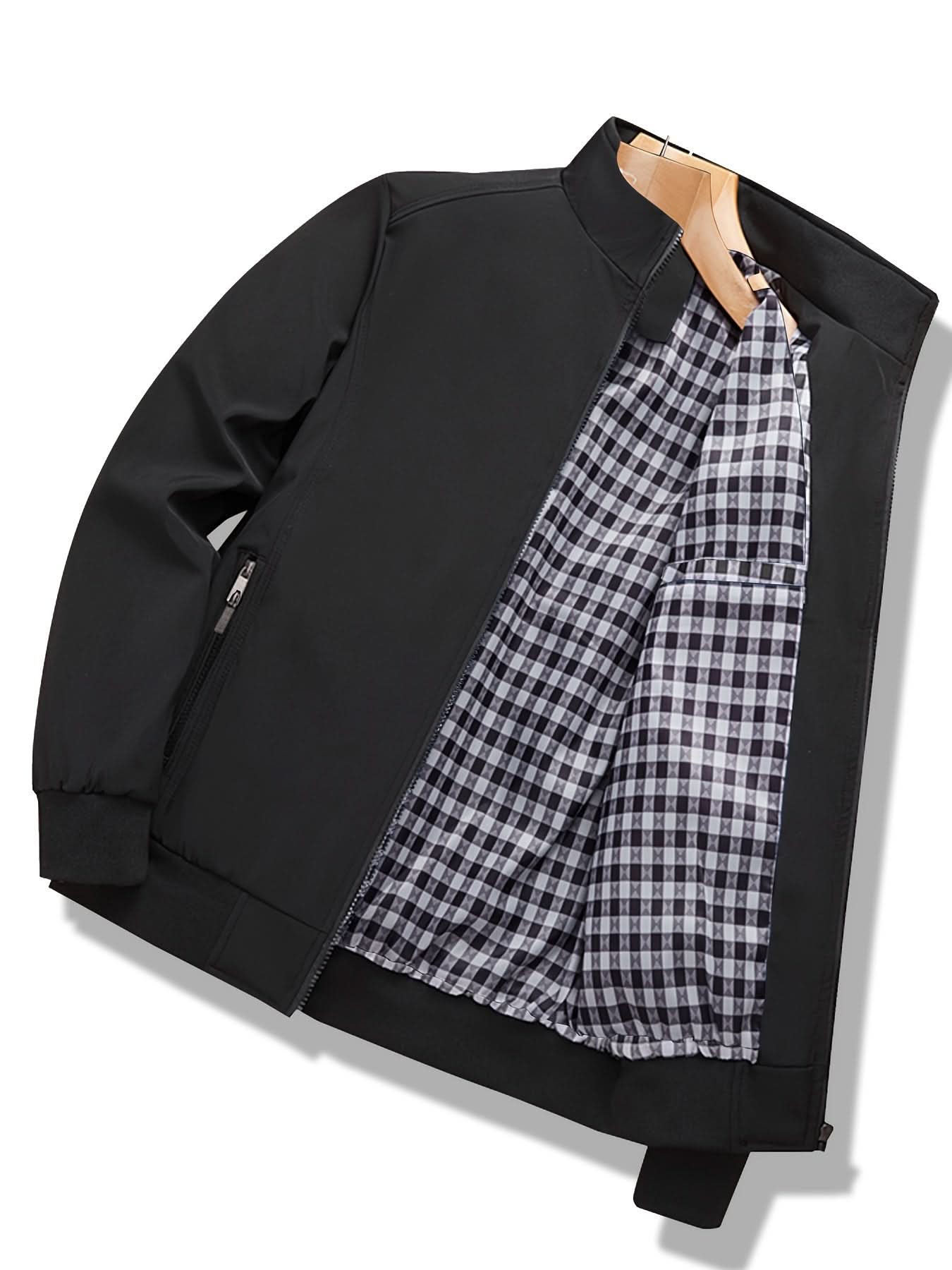 Men'S Lightweight Windbreaker Jacket - Casual Zip - Up with Stand Collar, Polyester, Solid Gray with Checkered Detail Pocket - Perfect for Spring & Fall - veyora