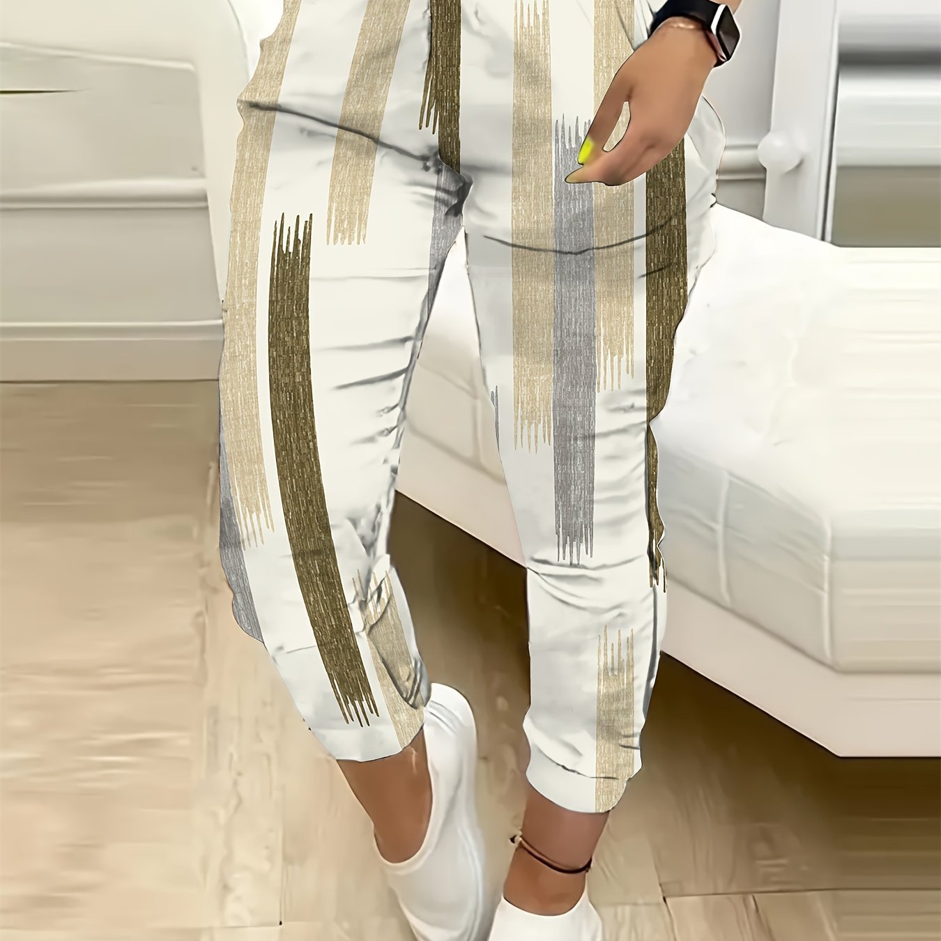 Women's Striped Print Cropped Pants, High Stretch Polyester and Elastane Blend, Machine Washable - Spring/Autumn, Casual, 9 - inch - veyora