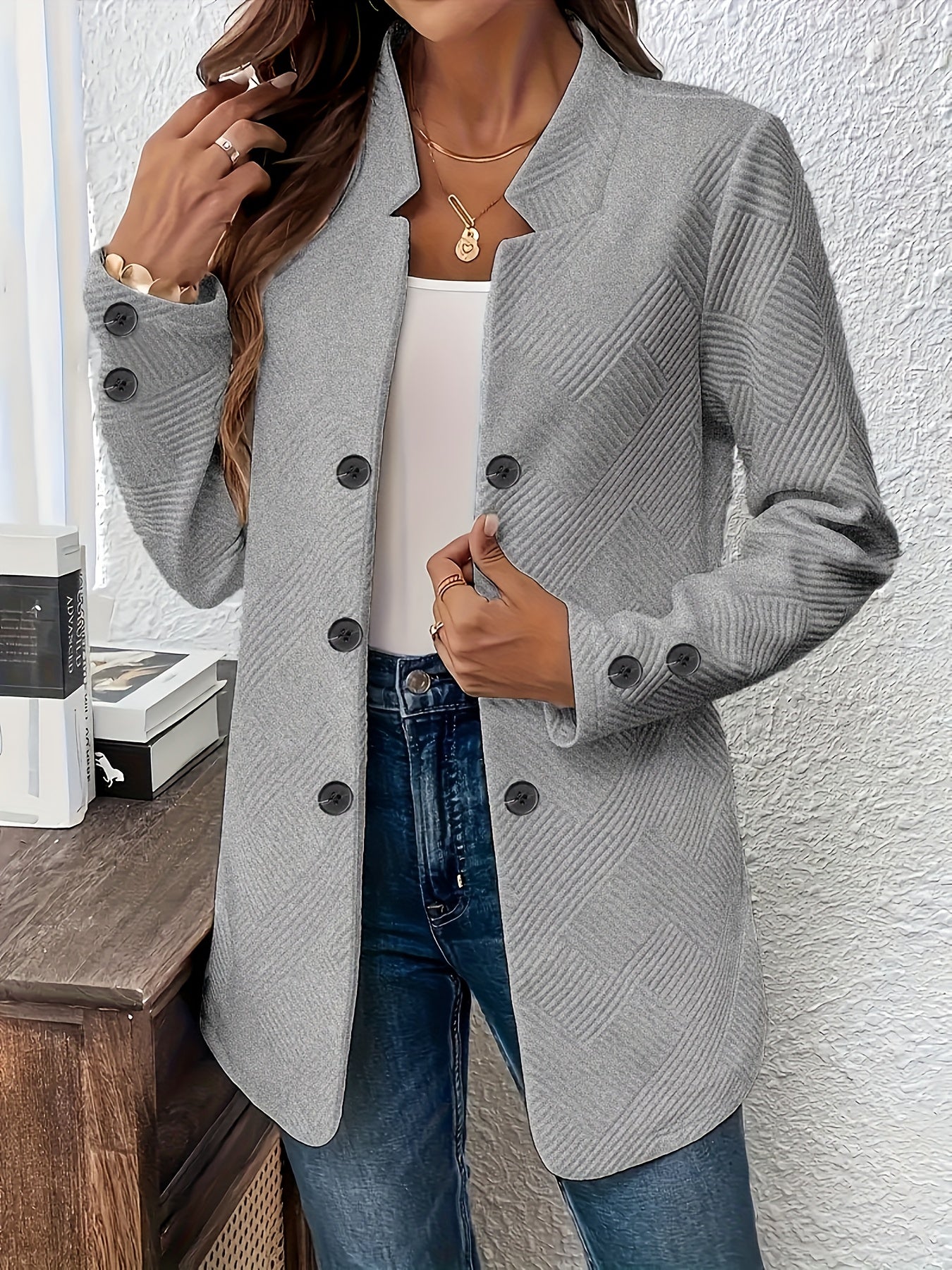 New Fashionable Solid Color Textured Double - button Decorative Pocket Long - sleeve Coat - veyora