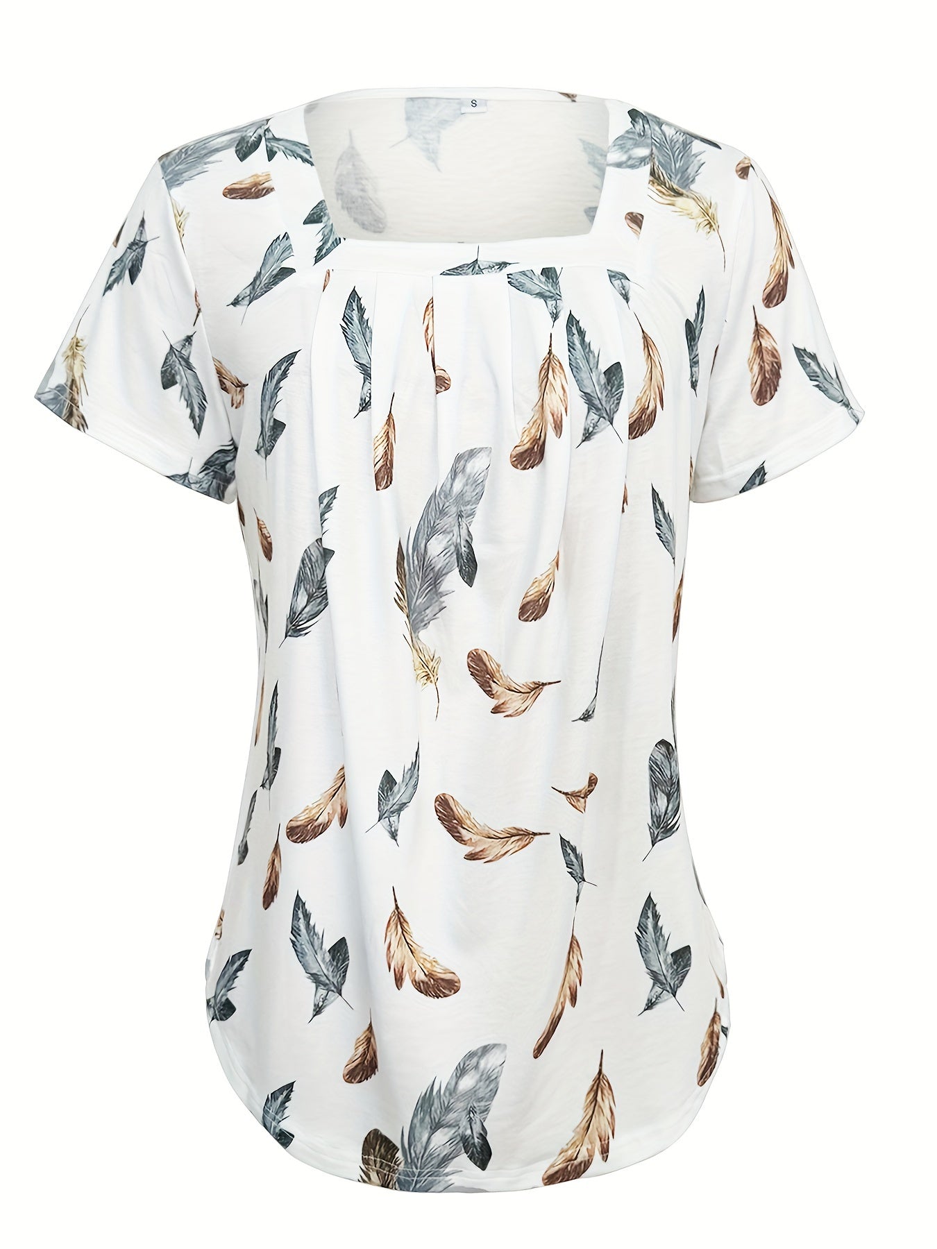 European and American New Style Print Ruffle Hem Flowy Drape Full Pleated Square Neck Fashion Short Sleeve T-shirt Top - veyora