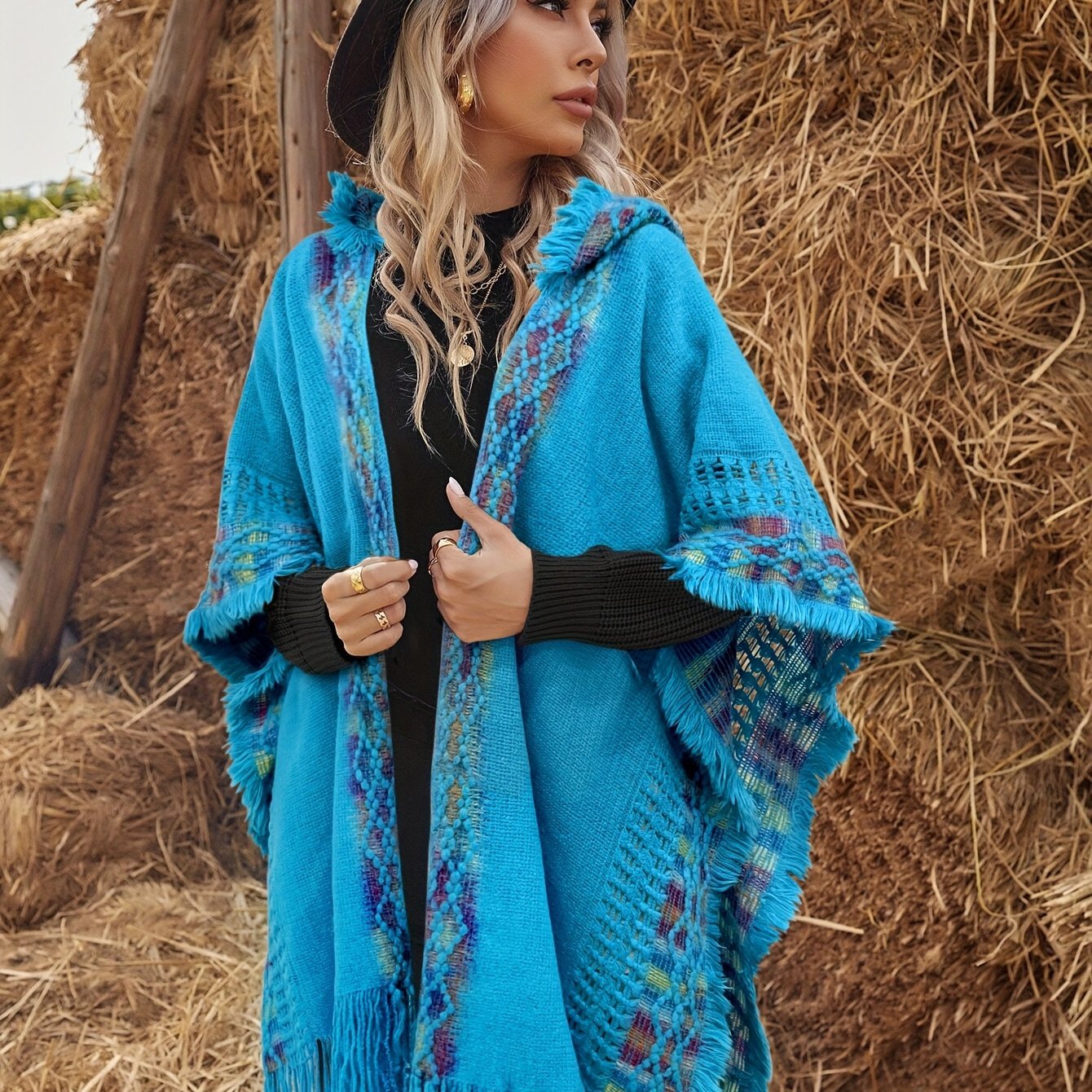 Elegant Fabric Comfortable High - Elastic Soft Hooded Yellow Fringe Cape for Chinese New Year - veyora