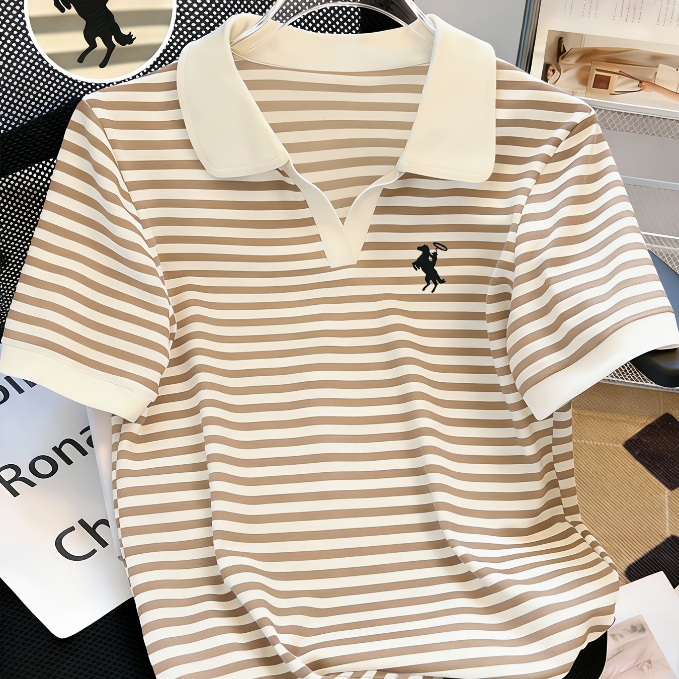 Knight Stripe Embroidered Women's Neck Short Sleeve T-Shirt, Stylish Stripe Contrast Color Versatile Casual Summer Top, Machine Washable All - Season Comfort Fit - veyora