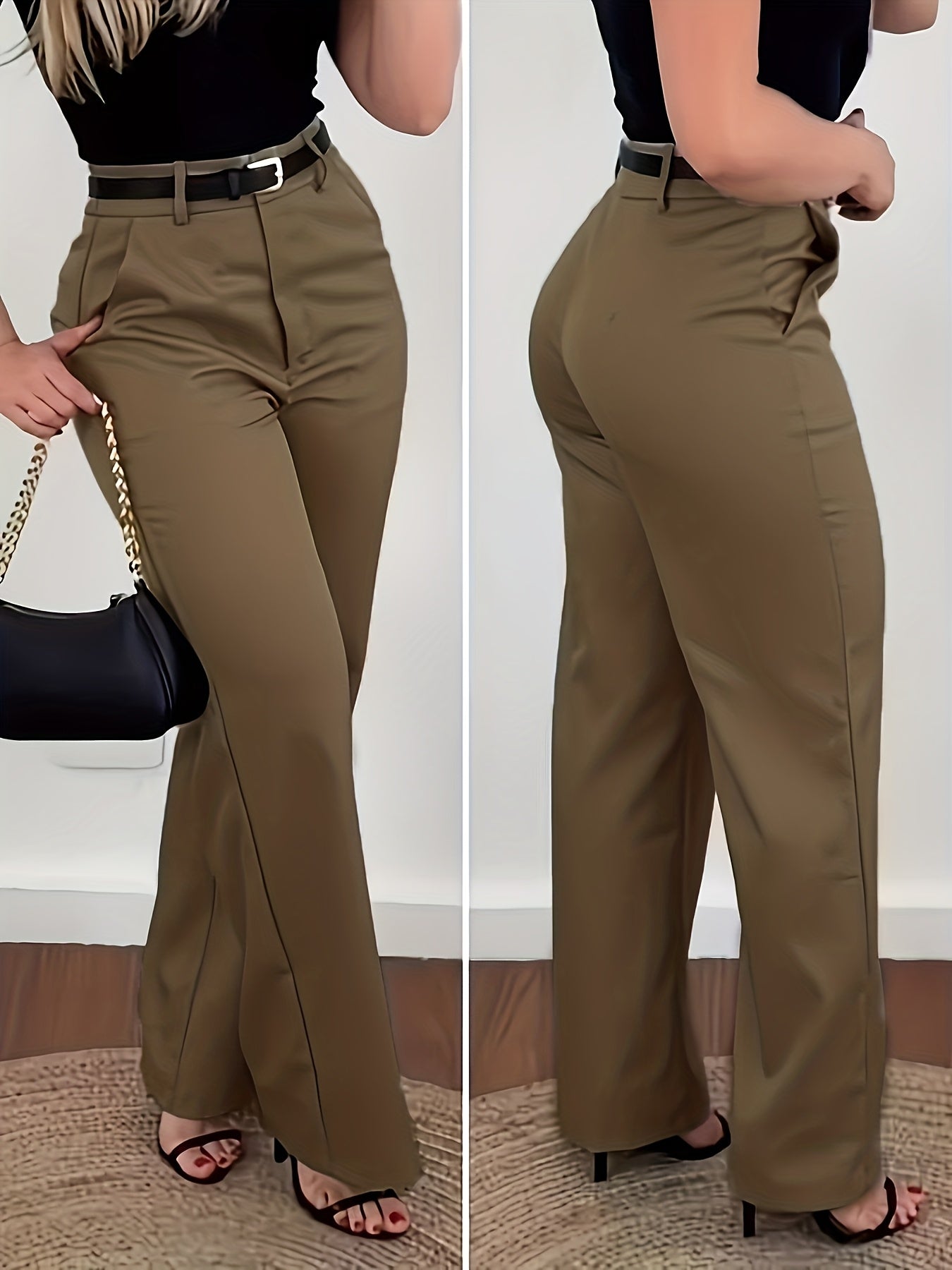 Elegant Solid Color Straight Leg Pants with Diagonal Pockets | All - season Comfort Not Included - veyora