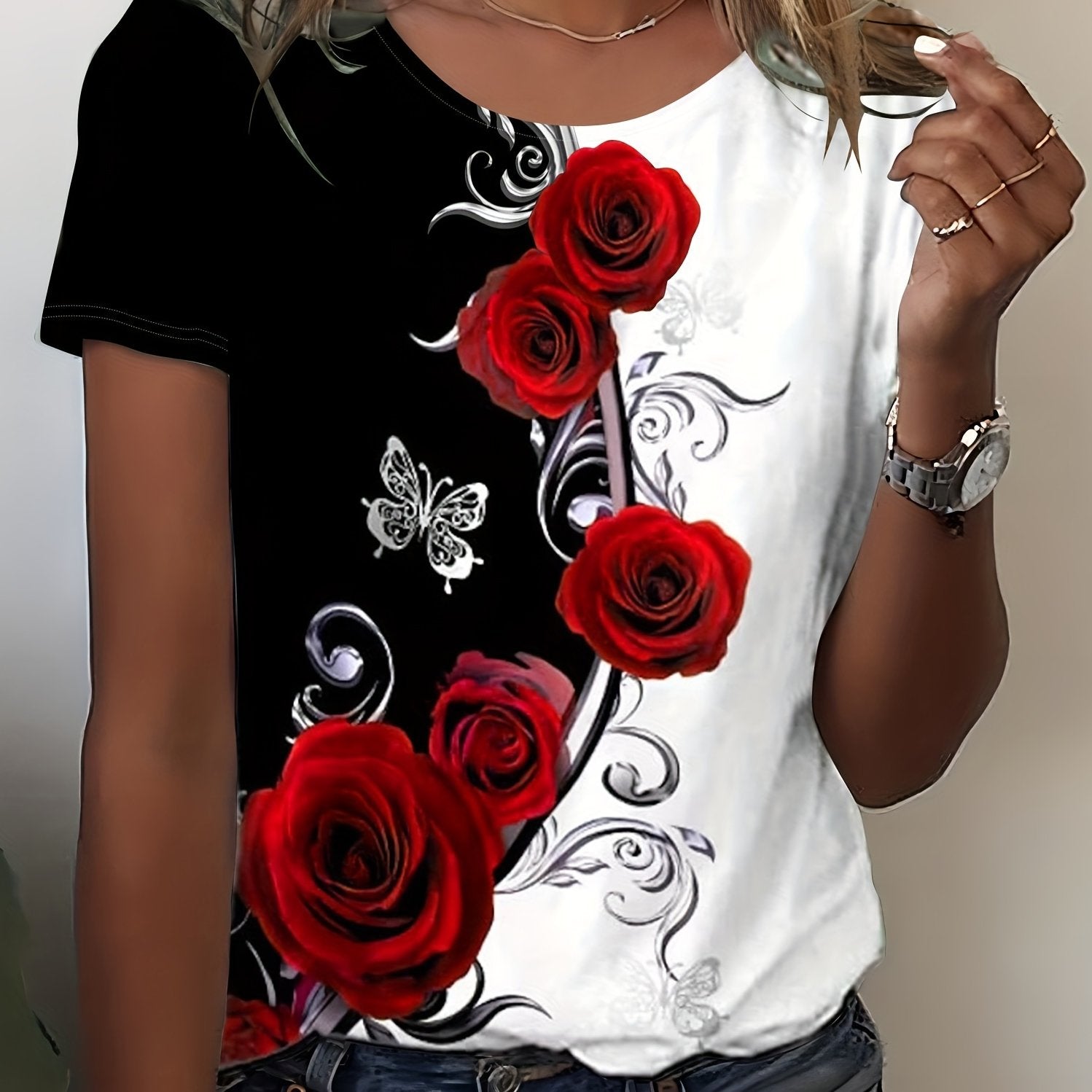Rose Print Color Block T-shirt, Casual Crew Neck Short Sleeve T-shirt, Women's Clothing - veyora