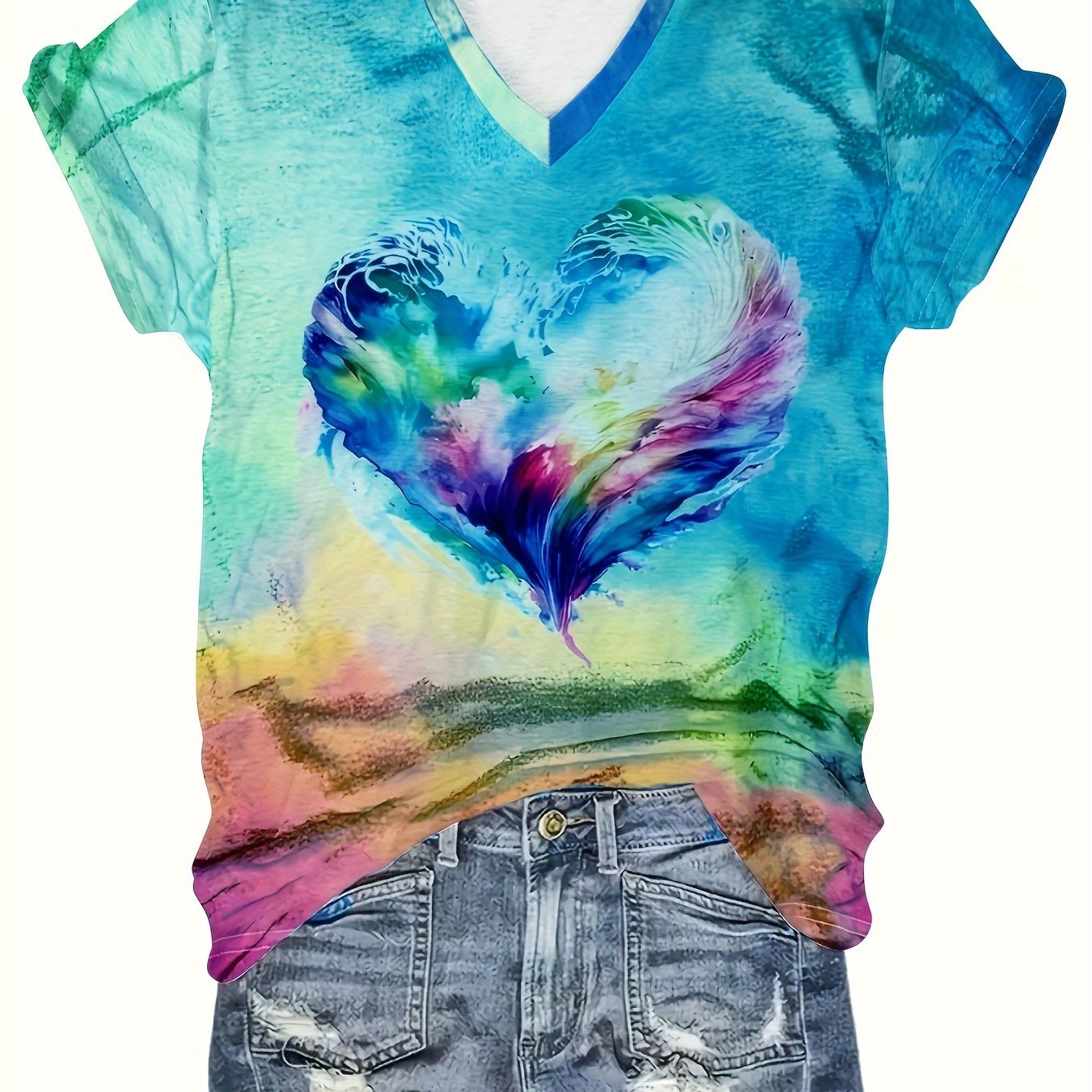 Women's Casual Short Sleeve V - Neck T-Shirt - Vibrant Heart Print Summer Top, Breathable Machine - Washable Tee with Colorful Gradient Design for Casual Attire, Ladies T Shirts, Soft Fabric Shirt - veyora