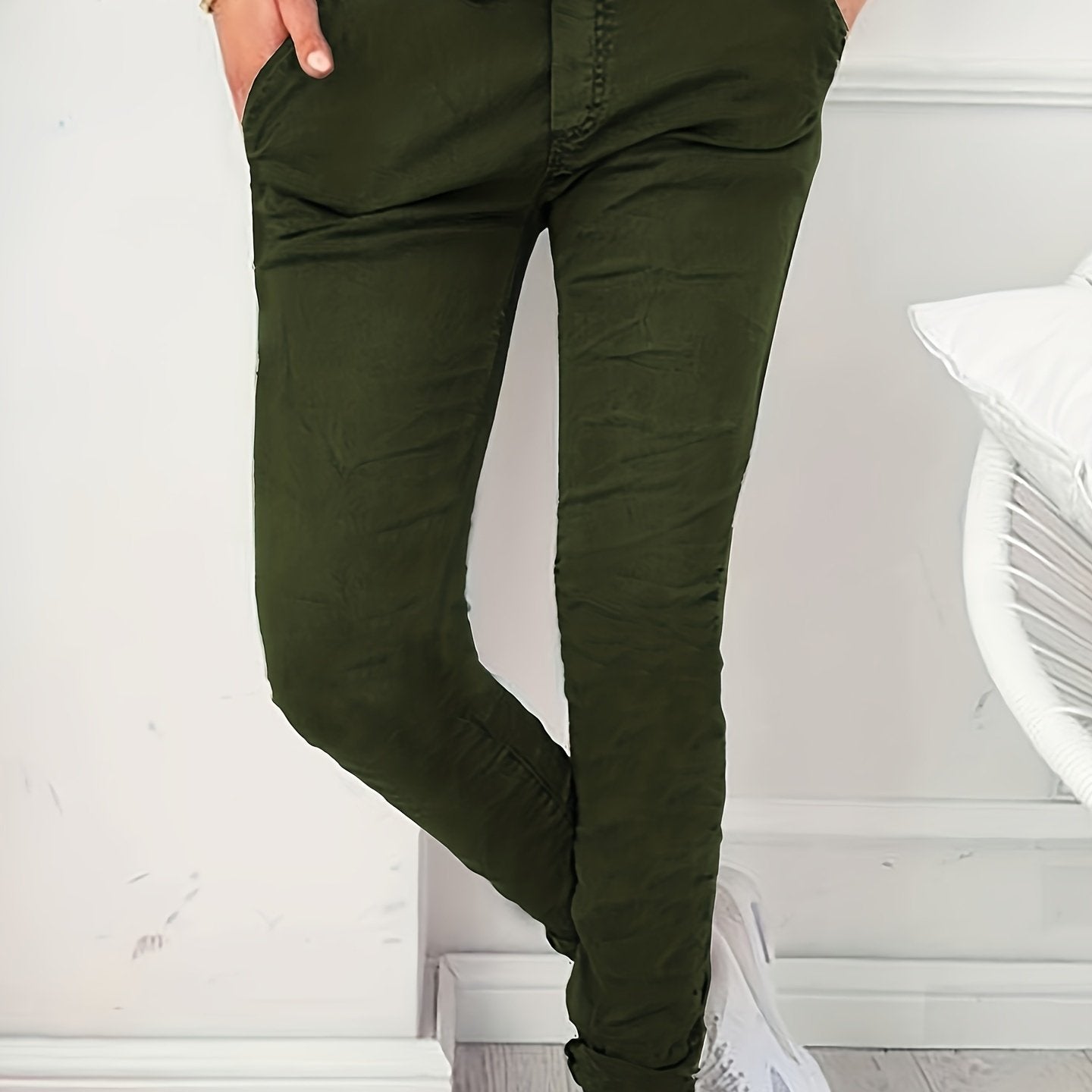 Women's Stretchy Solid Color Casual Pants - High Waist, Drawstring, with Pockets | Machine Washable | Perfect for Spring/Fall - veyora
