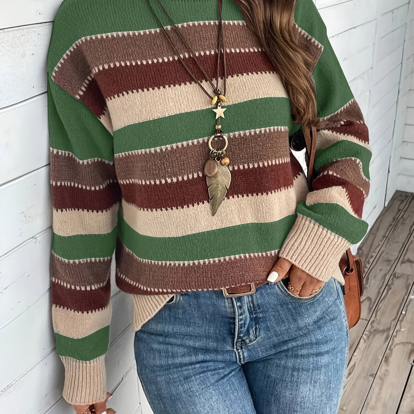 Vibrant Color Block Crew Neck Sweater - Soft, Cozy, Vintage - Inspired Long Sleeve Sweater for Fall and Winter - Womens Fashionable Clothing for Casual Daily Wear - veyora