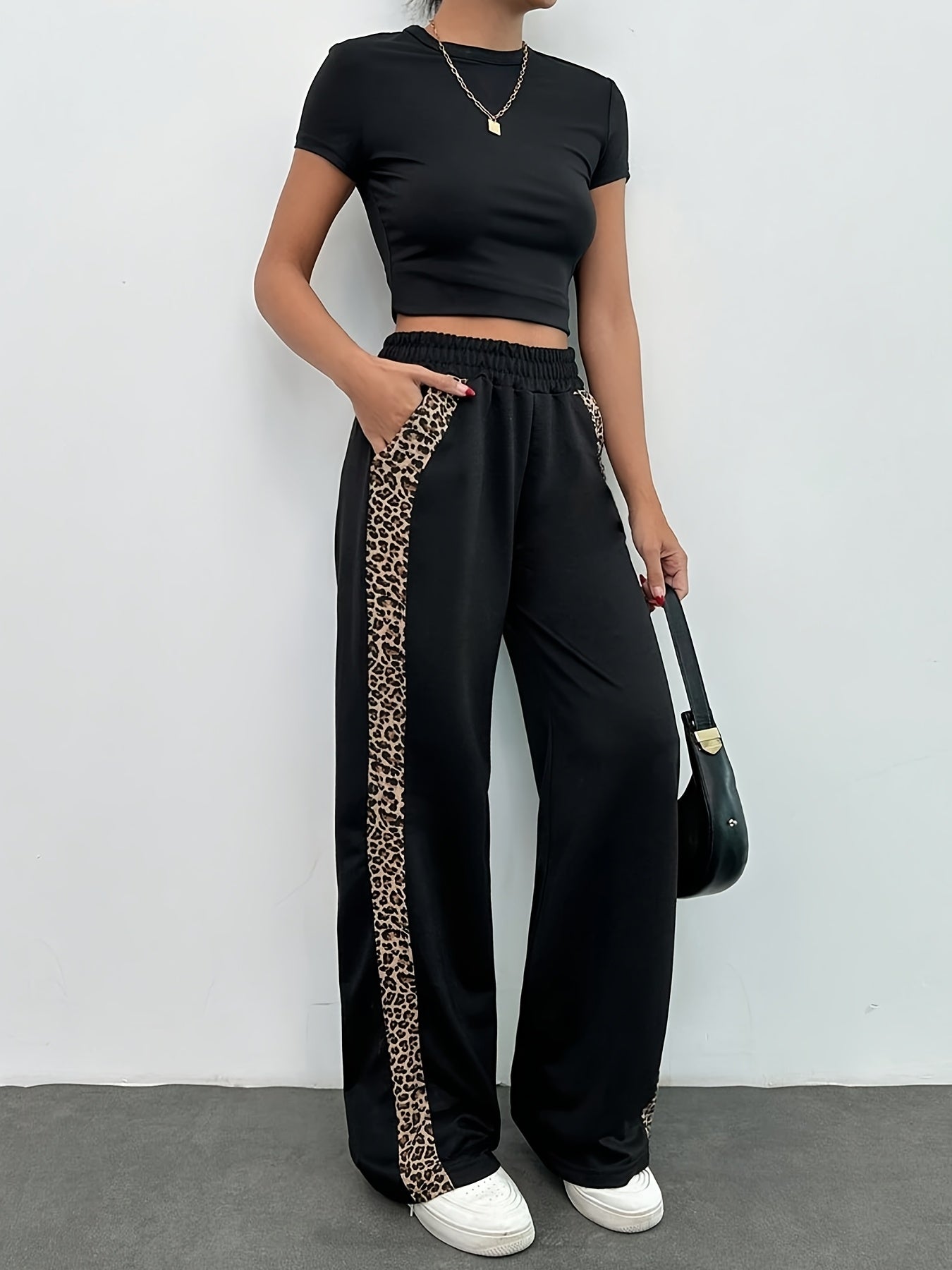 Color - Blocked Sweatpants with Leopard Print Panels - veyora