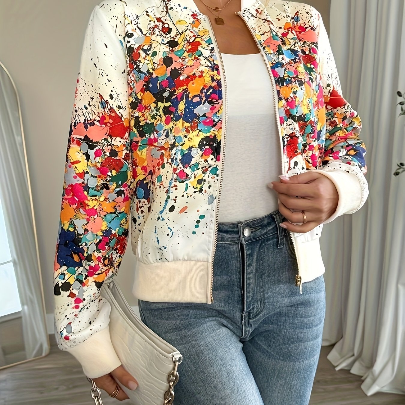 Women'S Lightweight Casual Jacket - Vibrant Tie - Dye Print, Stand Collar, Zip - Up, Long Sleeve, Perfect for Spring/Fall, Spring Jacket | Vibrant Print Jacket | Zippered Jacket - veyora